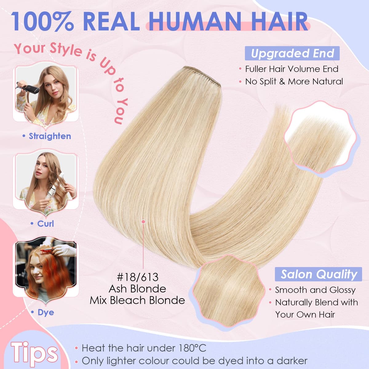 Elailite Clip in Hair Extensions Real Human Hair - 8 Pieces Thin Weft Full Head Remy Hair Straight - #18/613 Ash Blonde Mix Bleach Blonde - 8 Inch (45 g) — view 4