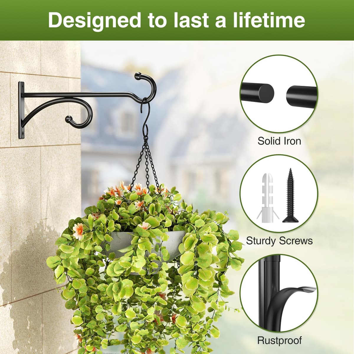 Pickpiff 2 Pcs 8-Inch Planter Hooks - Hanging Plant Hooks, Indoor/Outdoor, Wall Mounts for Plants, Baskets, Wind Chimes, Bird Feeders (Black Metal) — view 4