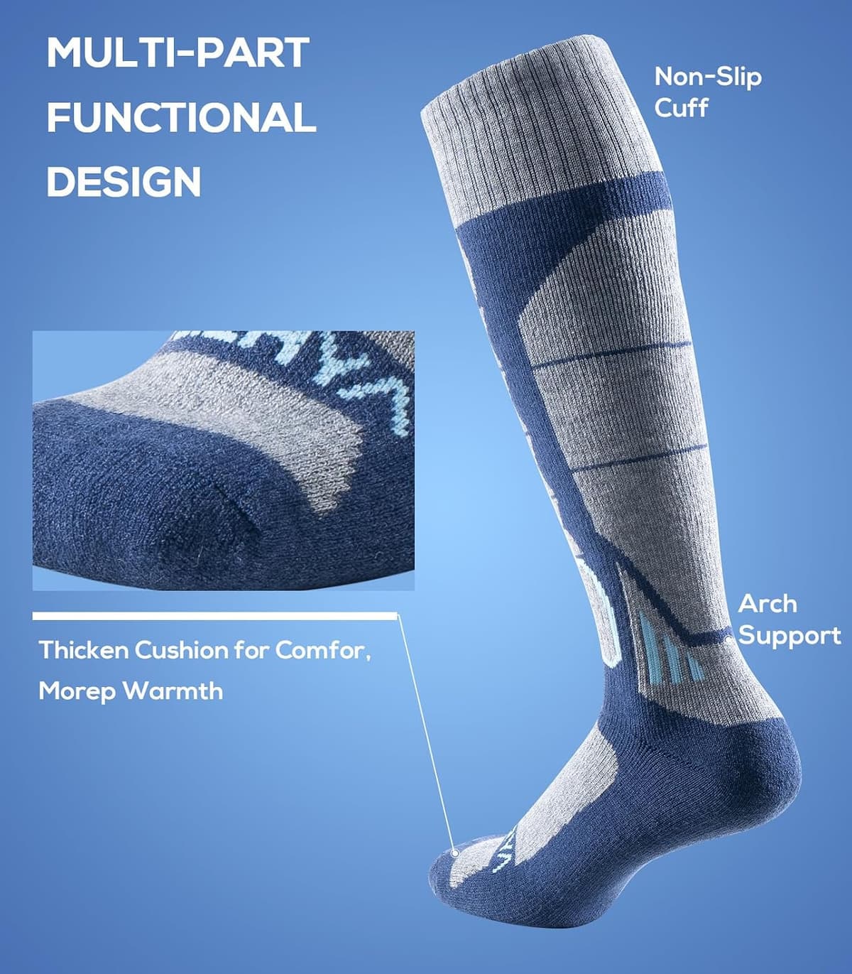 WEIERYA Ski Socks,Merino Wool Ski Socks for Skiing, Snowboarding,Outdoor Sports Thermal Ski Socks,6-8 9-12 Pack of 2/3 — view 5