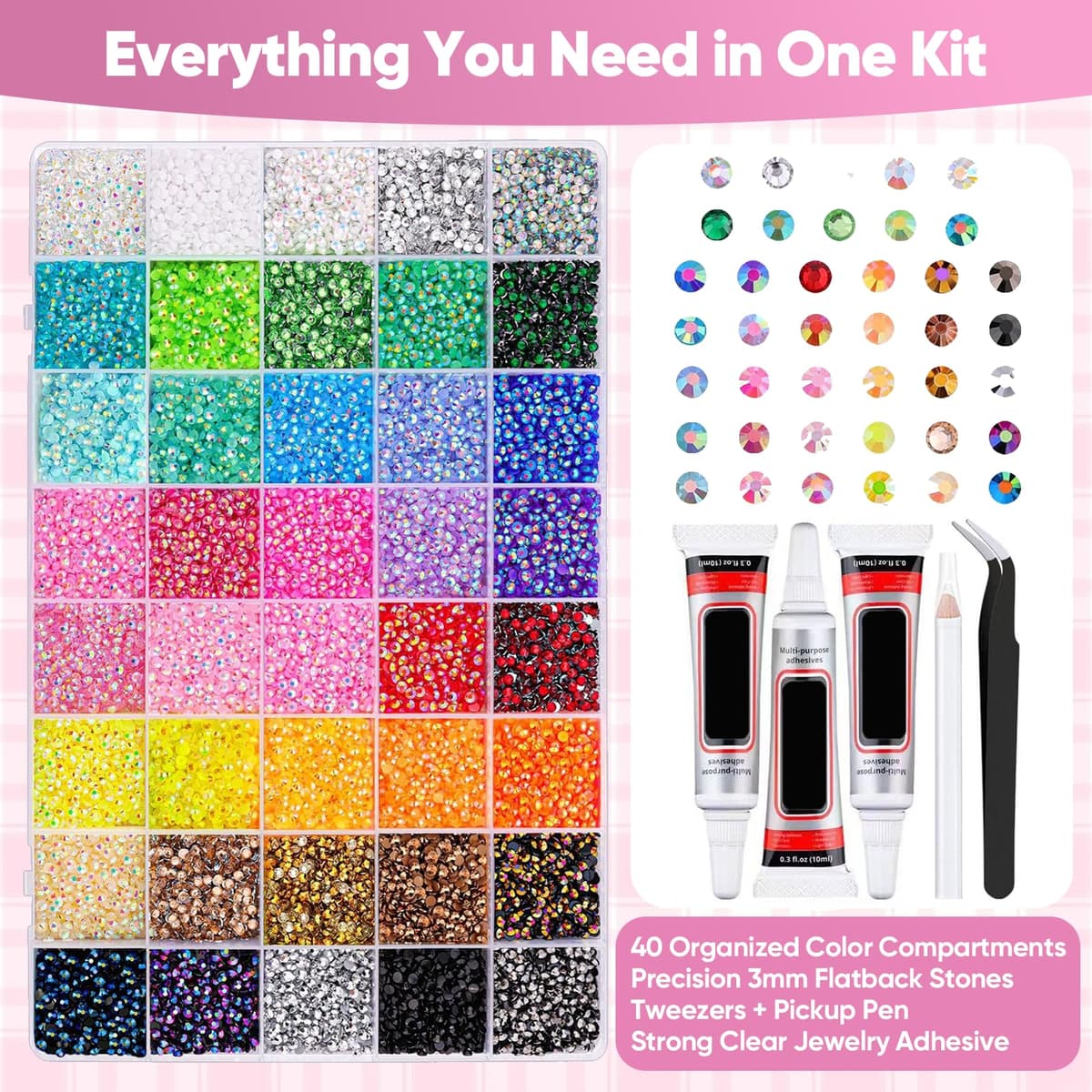 40000Pcs 40 Colors DIY Resin Jelly Rhinestones Bedazzling Kit 3mm Small, Rhinestone Kit for Bedazzling Flatback Gems, for Clothes Nail Book Diamond Art, with 3pcs Jewelry Glues (40 Color) — view 2