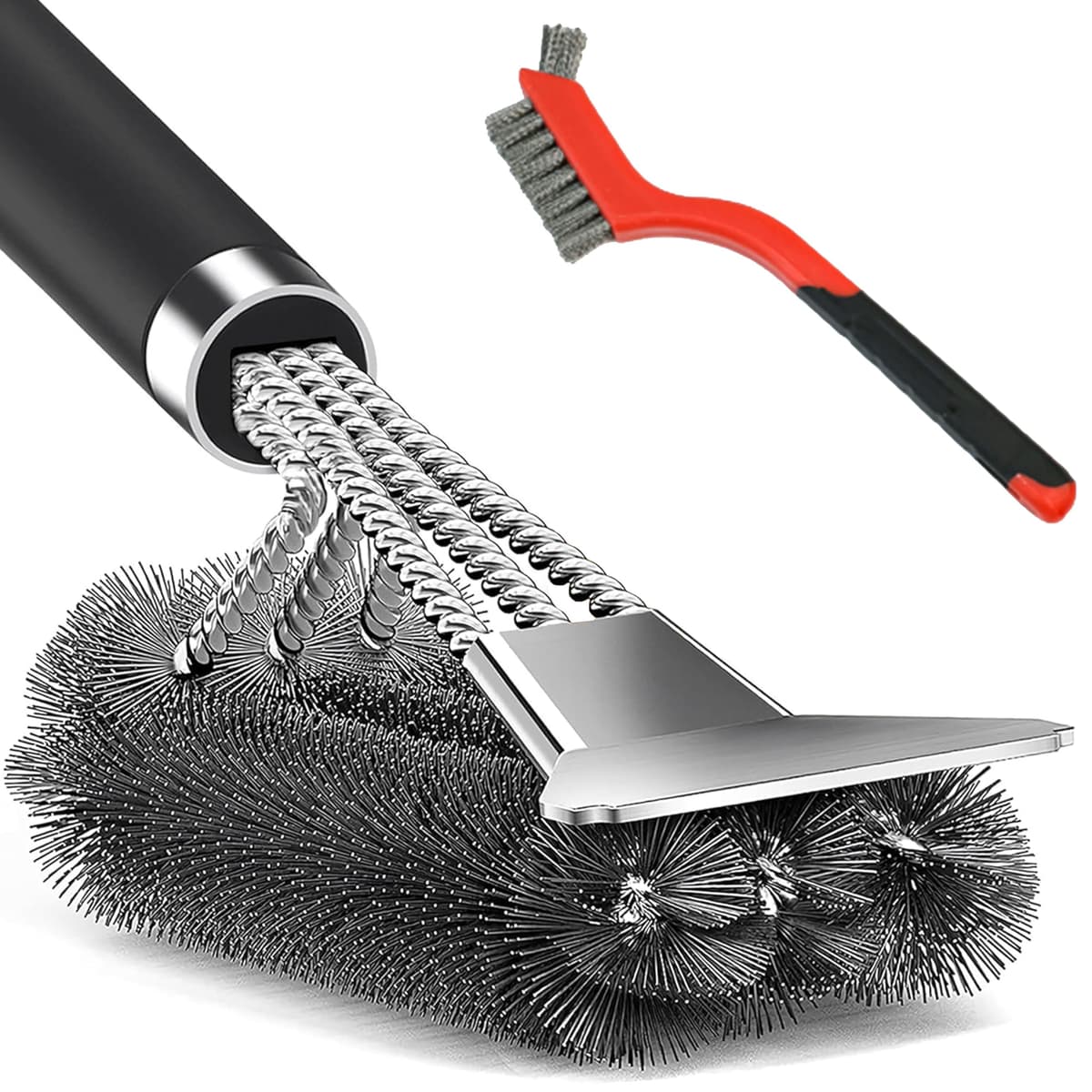 BBQ Grill Cleaning Brush with Stainless Steel Scraper, Heavy Duty Wire Bristles & Long Handle, 2-in-1 Barbecue Cleaner for Gas, Charcoal & Electric Grill, BBQ Cleaning Brush Set with Bonus Brush