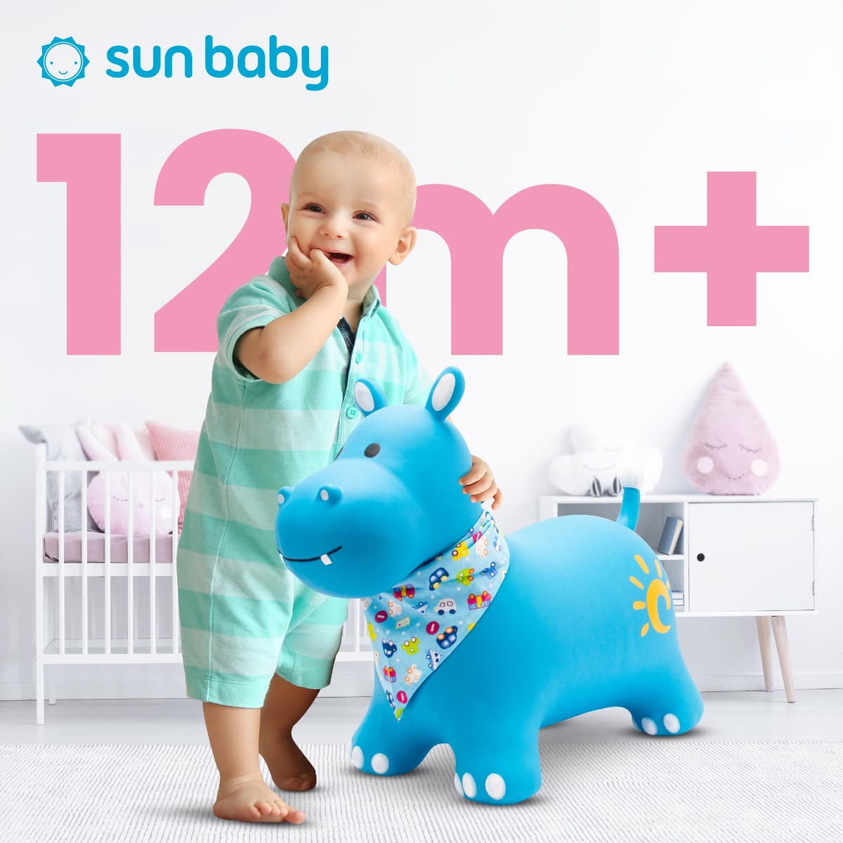 sun baby Saltador Hinchable para Niños hasta 45 Kg sin BPA, de 1 año, Pelotas saltarinas para niños (Hipopótamo Azul con pañuelo) — view 2