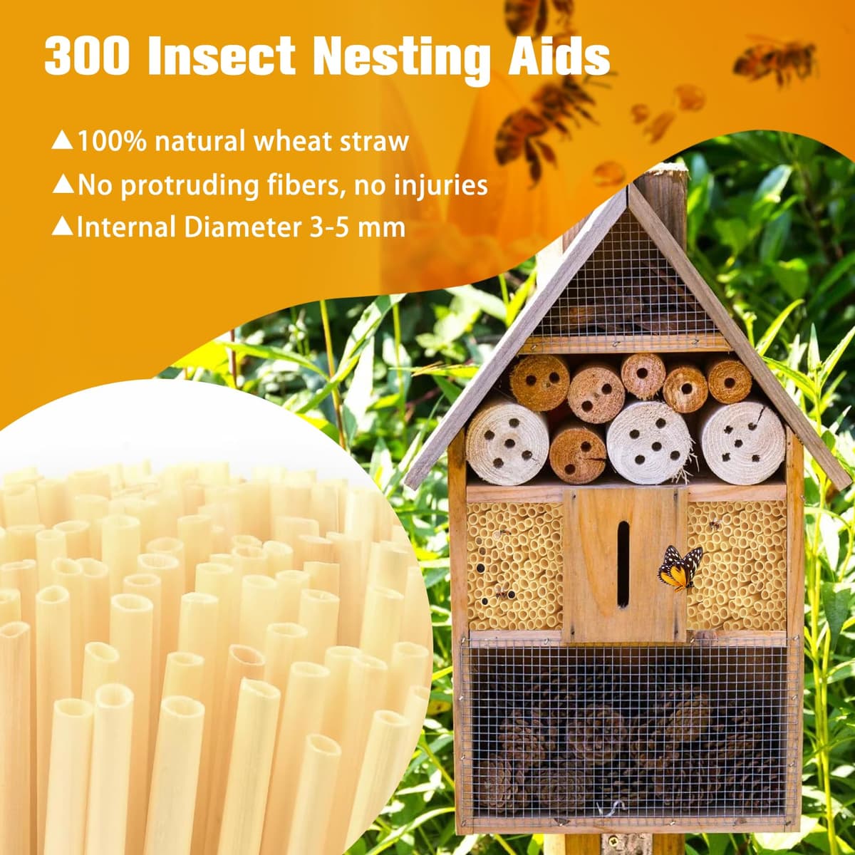 Kit Hotel de Insectos 300 Piezas - Pajitas de Trigo Tubos Nidos 14.5 cm para Abejas, Mariposas y Otros — view 3