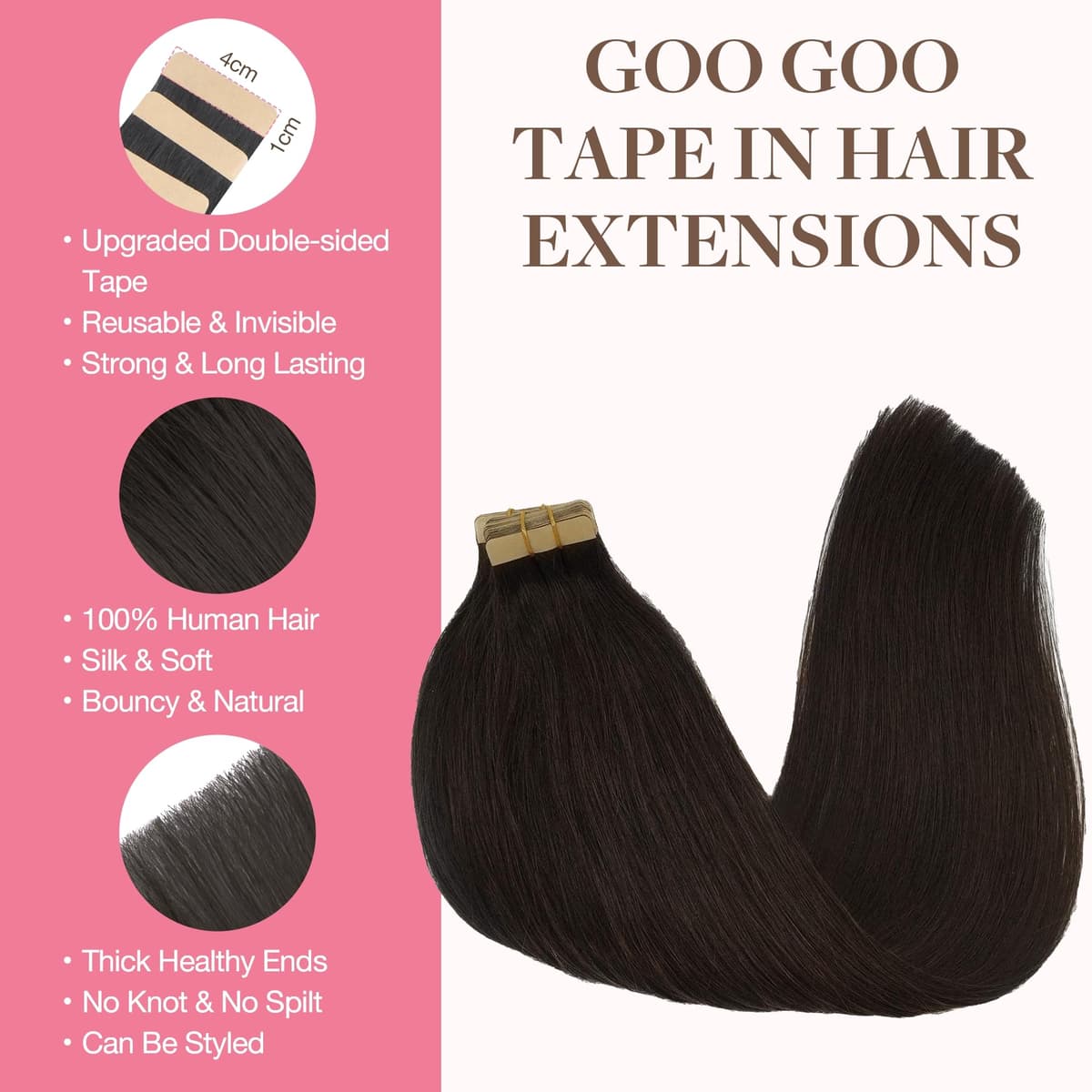 GOO GOO Tape in Hair Extensions human hair, tape Hair Extensions, 16inch 50g 20pcs, Human Hair Extensions, 2 Dark Brown — view 2