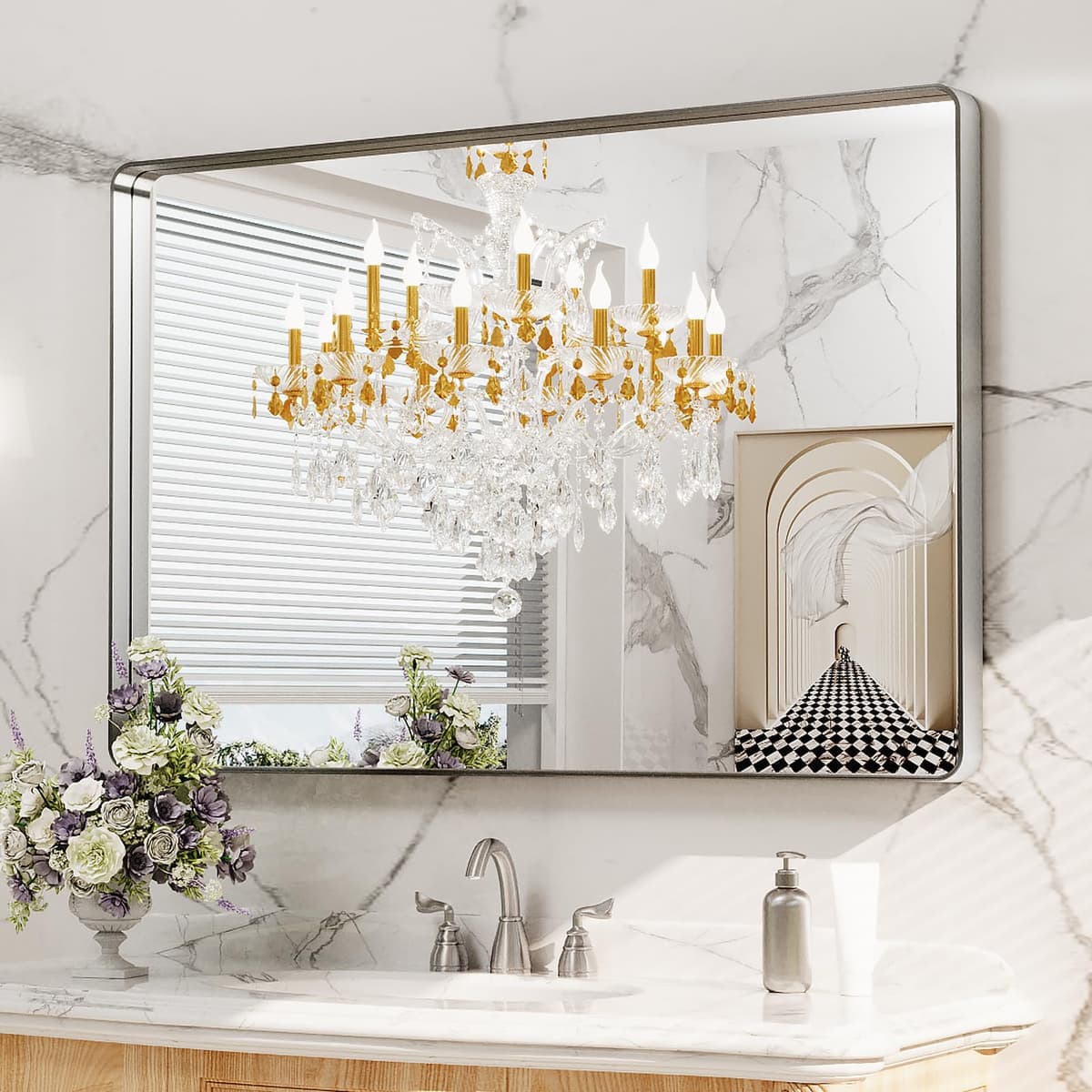 LOAAO 48”X36” Gold Bathroom Mirror, Rounded Rectangle Gold Frame Mirror, Brushed Gold Bathroom Vanity Mirror Wall-Mounted, Anti-Rust, Tempered Glass, Hangs Horizontally or Vertically — view 17