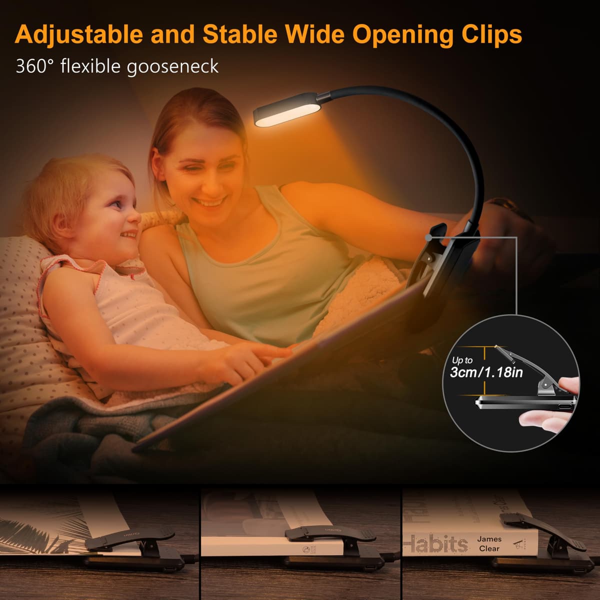 Gritin 16 LED Reading Light, Book Light 3 Eye-Protecting Modes Book Lamp (White/Amber/Mixed) - Stepless Dimming, Rechargeable, Long Battery Life, 4-Level Power Indicator, Flexible Clip on Book Light — view 5