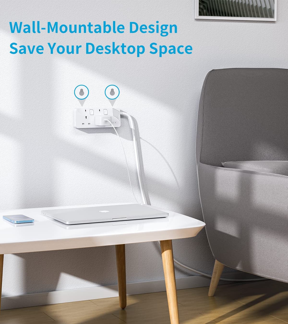 PIBEEX Extension Lead 2 Way Plug Sockets with Individual Switches Wall Mountable Power Strip 1.5M Extension Cable 13A Fused UK Plug 3250W — view 5