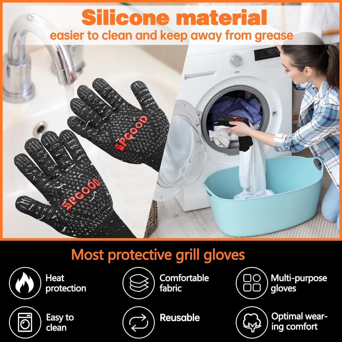 SPGOOD Guantes Barbacoa Guantes Horno Altas temperaturas Largos, BBQ Guantes Resistentes al Calor hasta 800℃ para Cocina, Parrilla, Hornear, Microondas, Chimenea Negro（L/XXL） — view 6