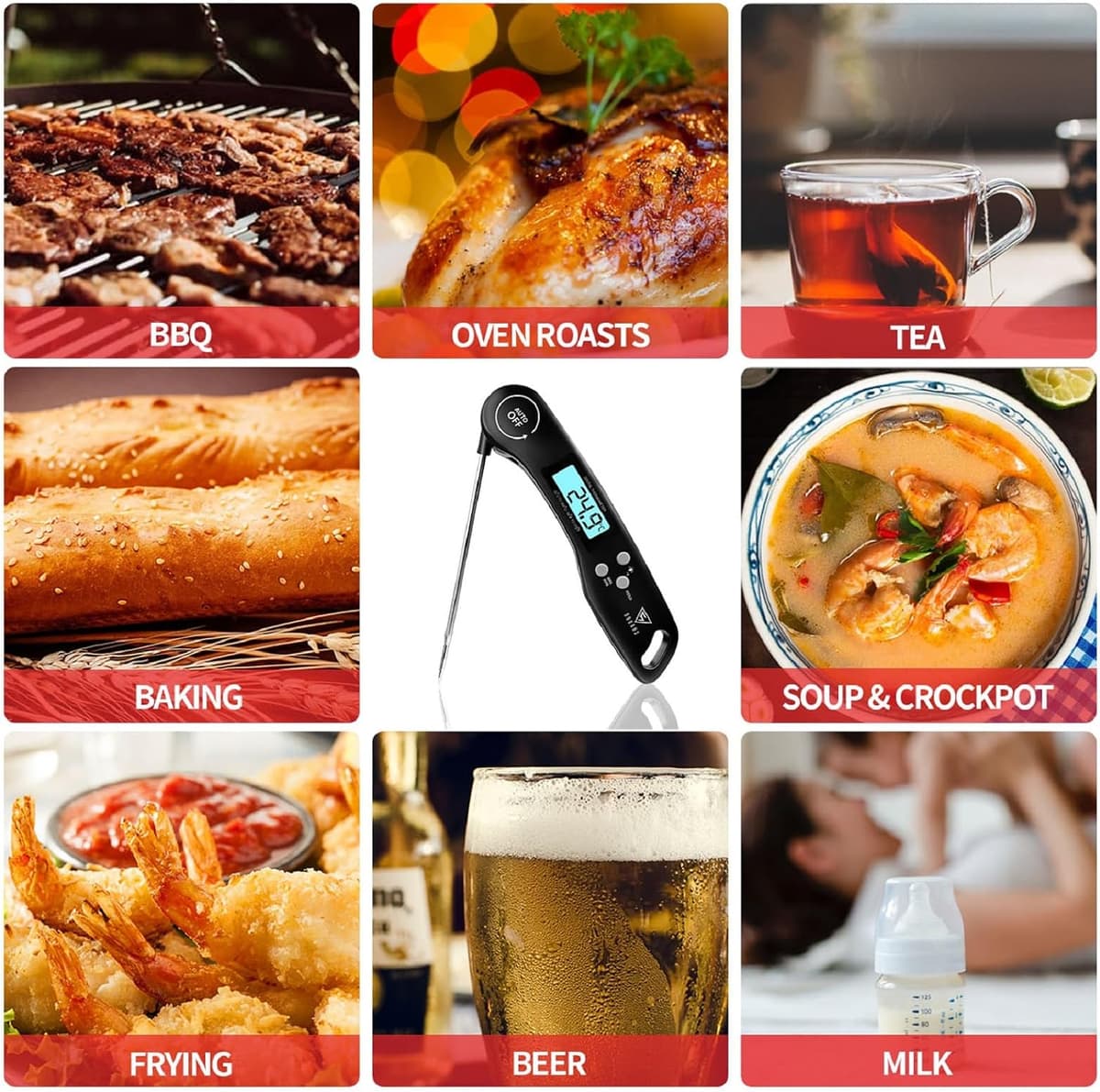 DOQAUS Meat Thermometer, 3s Instant Read Food Thermometer-Backlit LCD, Foldable Probe, Auto On/Off, ±1℃ Accuracy, Food Probe for BBQ Grill, Kitchen Cooking, Milk, Black — view 4