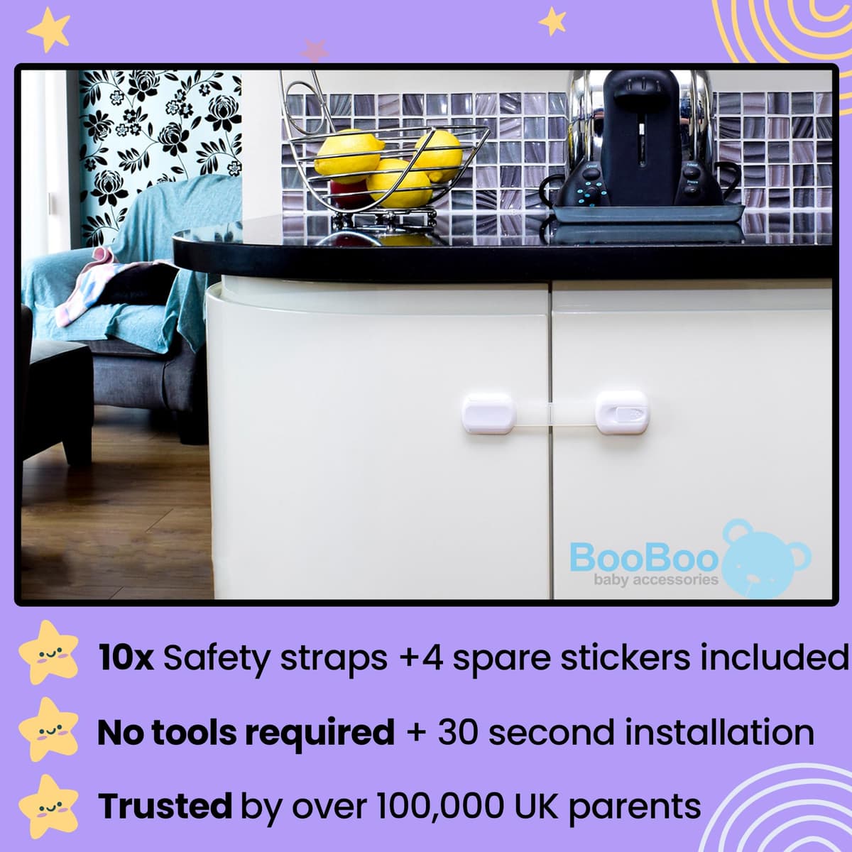 BooBoo Baby (10 PACK) Premium Child Locks For Kitchen Cupboards, Child Proof Cabinet Locks, Drawer Locks Baby Proofing Cabinets with No Drilling, Extra strong Adhesive + 4 Extra Stickers — view 5