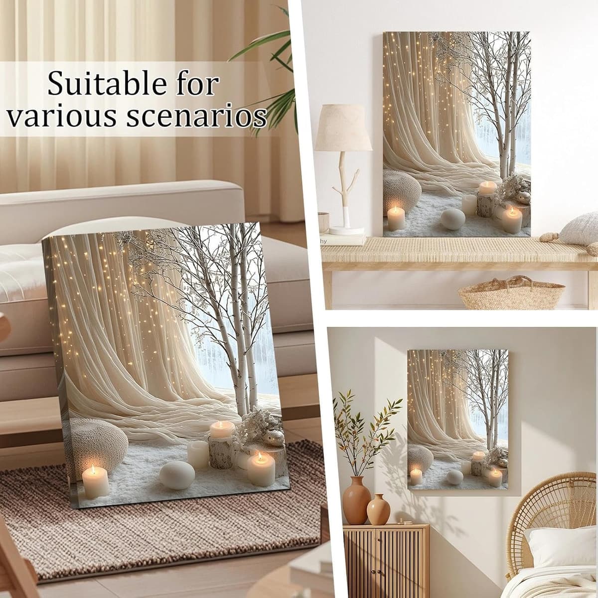 Canvas Wall Art Framed – Cozy Neutral Candle Lights Artwork, Soft Winter Hygge Style Wall Decor for Bedroom, Living Room, Hallway or Entryway Home Decoration, with Hooks and Nails, 12x16 Inch 02 — view 6