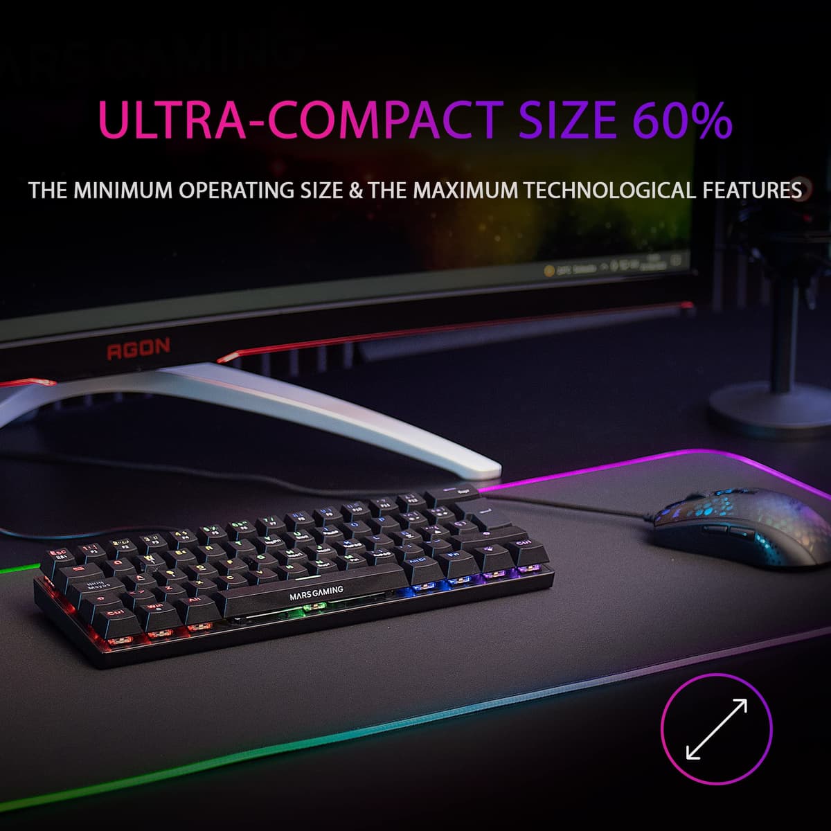 Mars Gaming MK60, Idioma Italiano, Teclado Gaming Mecánico 60% Ultraligero con Switch Rojo, Iluminación Rainbow RGB, Teclas Doble Inyección, Anti-Ghosting y Modo Juego, Multiplataforma, Negro — view 2