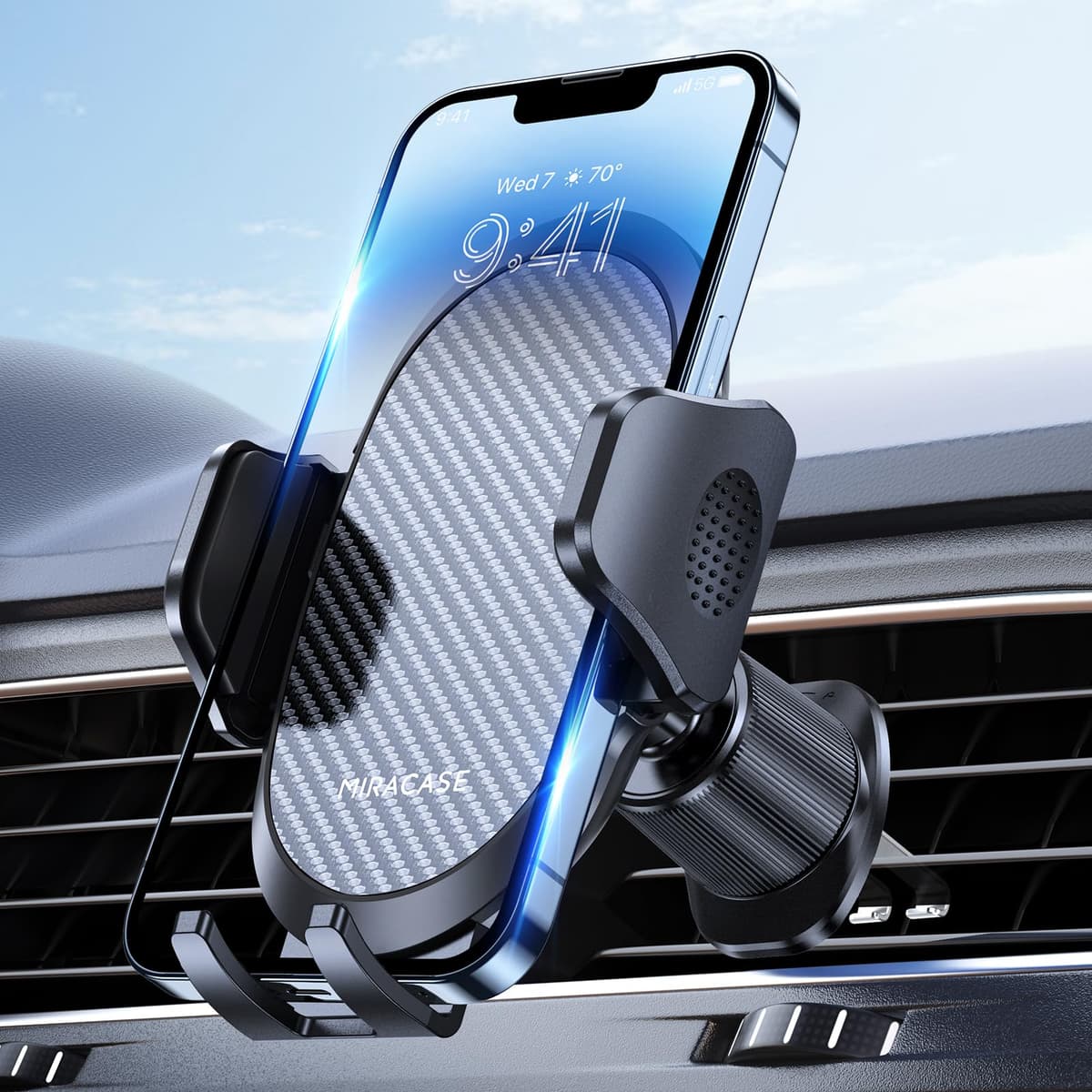 Miracase Car Phone Holder, Stable Double Steel-Hook Air Vent Car Phone Mount Cradle 360°Rotation, One Button Release Mobile Phone Holder for iPhone, Galaxy, All 4.0''-7'' Smartphones