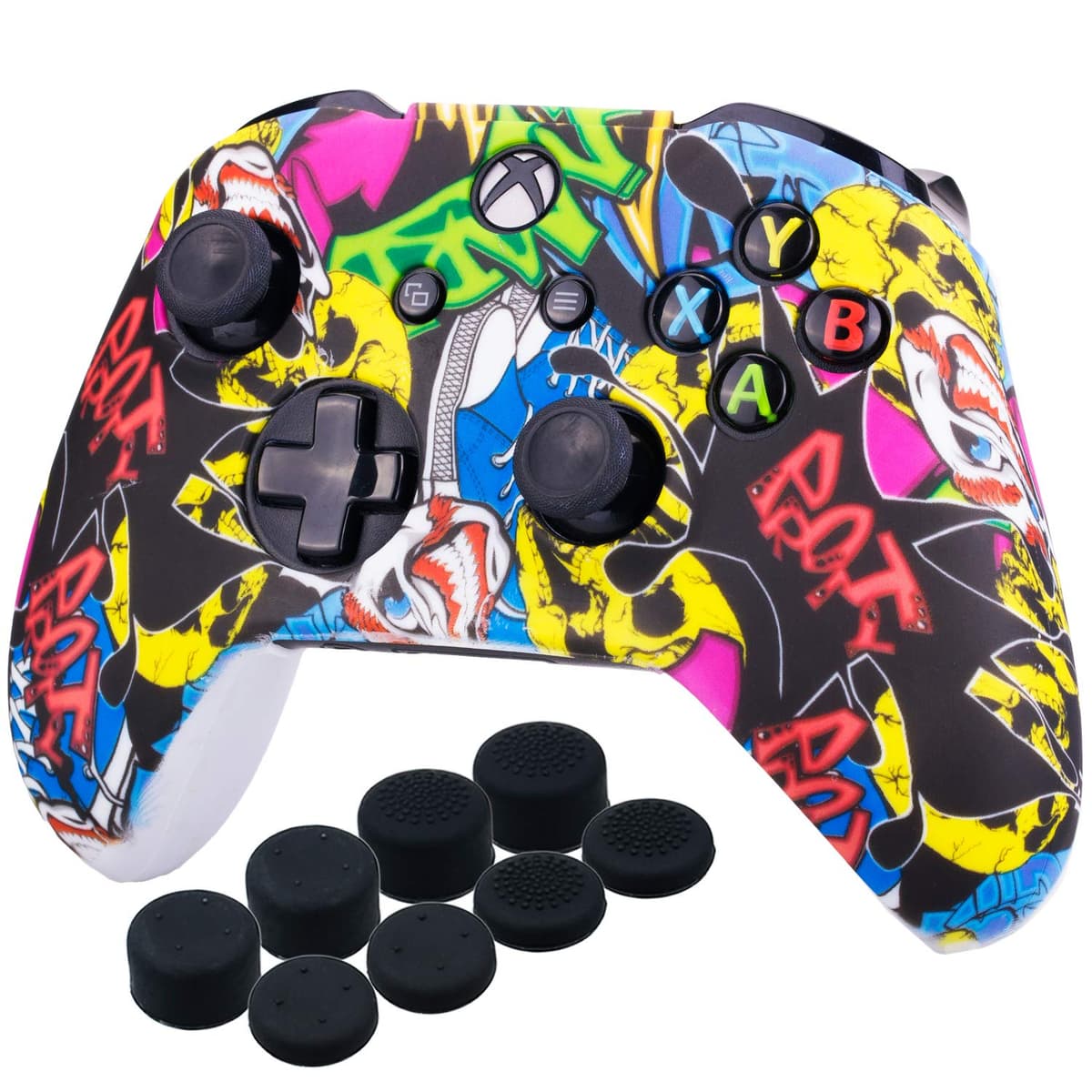 Yorha Impresión Caucho de Silicona Funda Skin Case Carcasas Piel para Xbox One S/X Mando Controller x 1 (Calavera comica) con Agarres para el Pulgar Thumb Grip Pro x 8