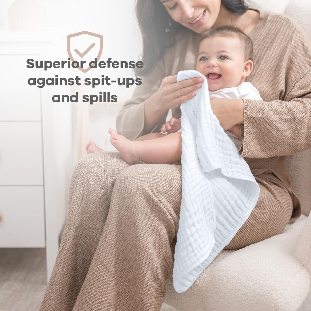 Comfy Cubs Muslin Burp Cloths 50 x 25 cm, Pack of 10 - Large 6-Layer Ultra-Absorbent 100% Cotton for Babies Drool & Messes - Safe & Gentle Baby Burp Cloth Set for Boys & Girls - White — view 4