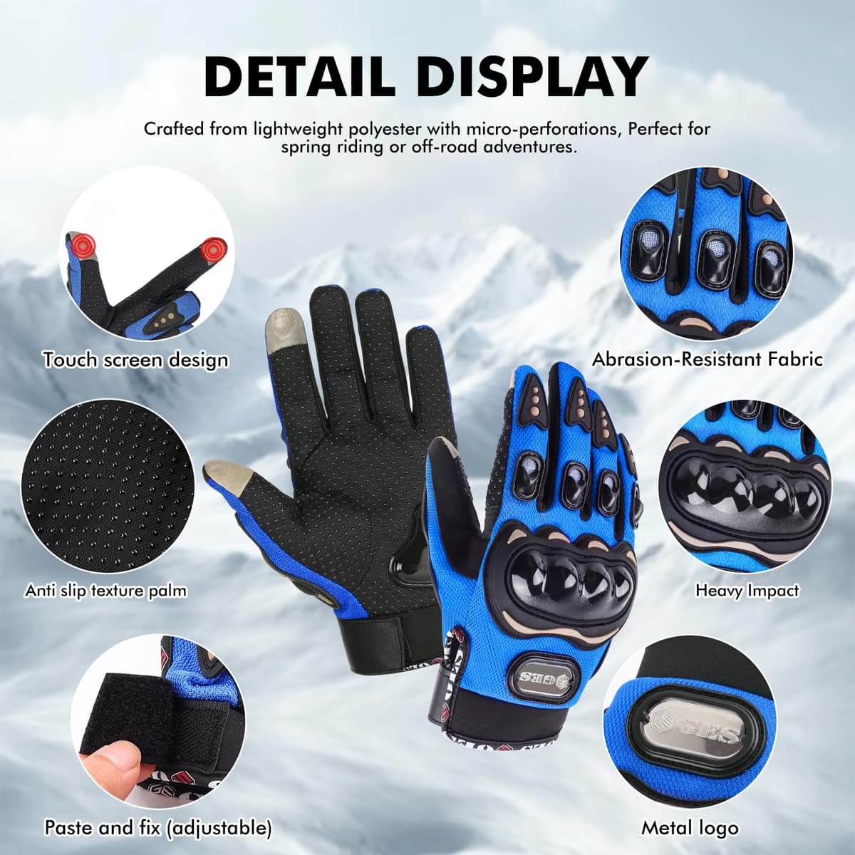 GES Motorcycle Riding Gloves for Men, All-Weather Full Finger Touch Screen Gloves, Breathable Water Resistant Motocross Racing Gloves for ATV, Dirt Bike, Scooter — view 5