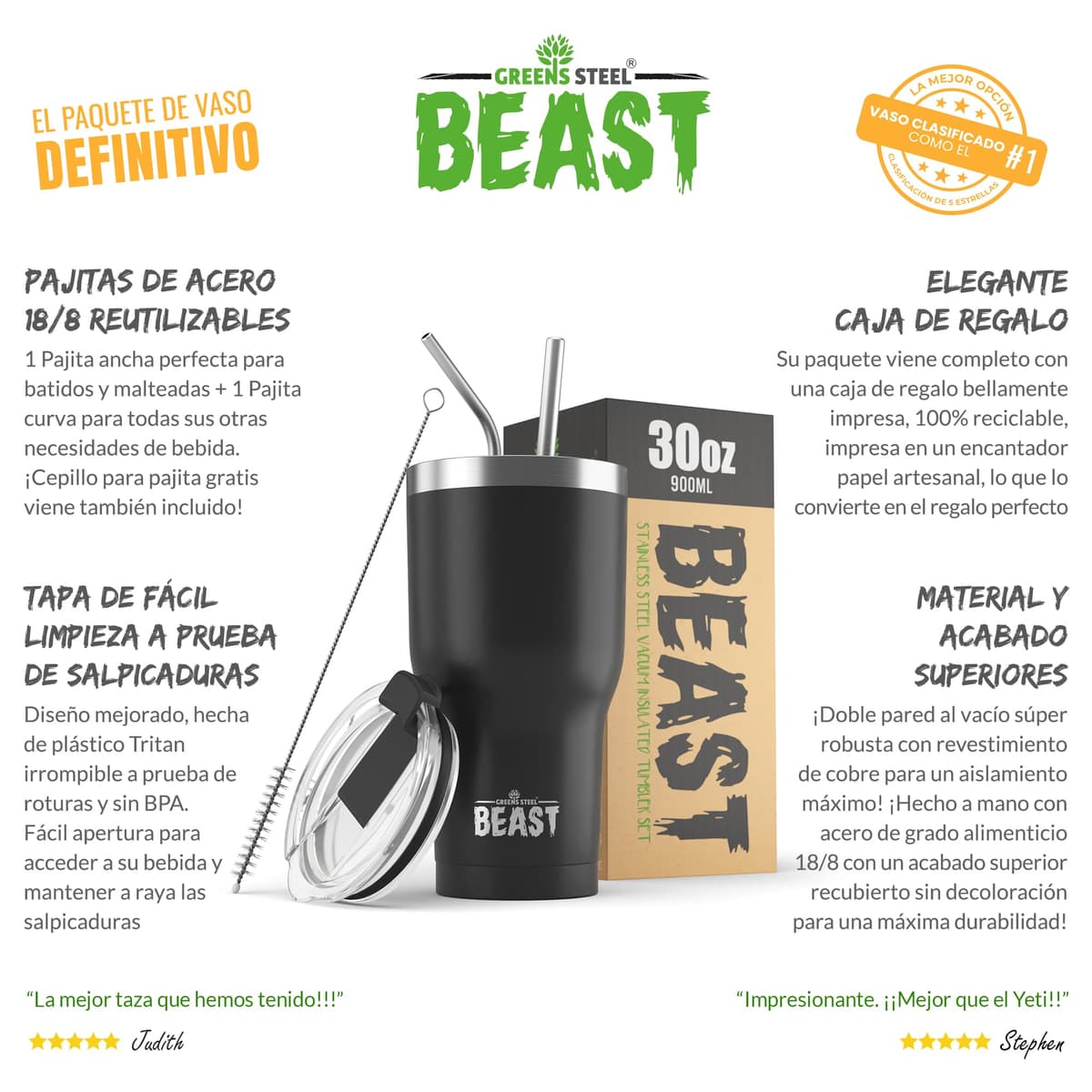 Greens Steel Beast Tumbler – 900 ml (30 oz), Negro Mate | Vaso de acero inoxidable reutilizable con aislamiento al vacío | con 2 pajitas y cepillo de limpieza | Termo de viaje de doble pared — view 3