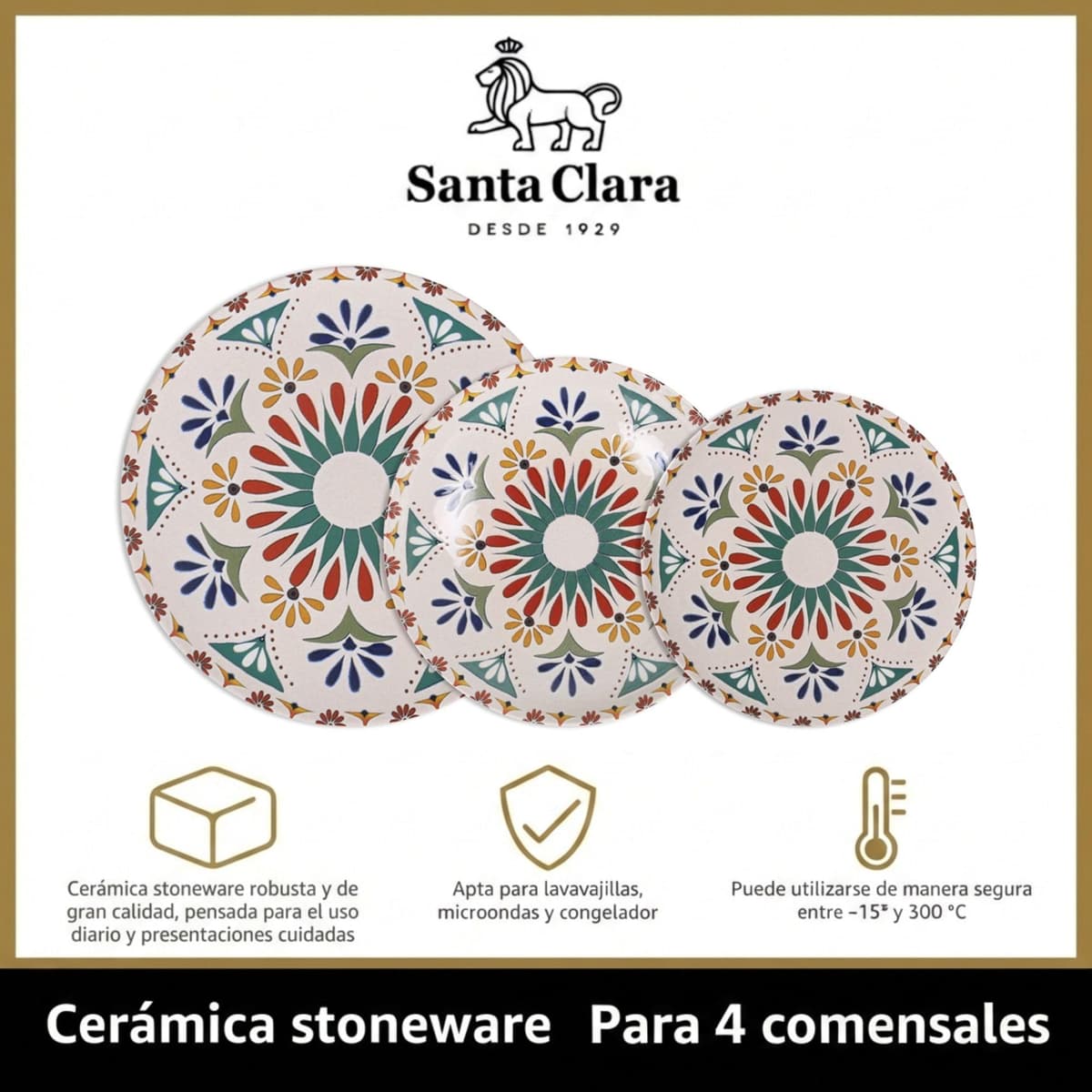 SANTA CLARA | Vajilla Completa 12 Piezas Cerámica Stoneware Redonda para 4 Personas, Apta Microondas y Lavavajillas, Vajilla Coimbra con Diseño Tradicional para Hogar y Cocina — view 3