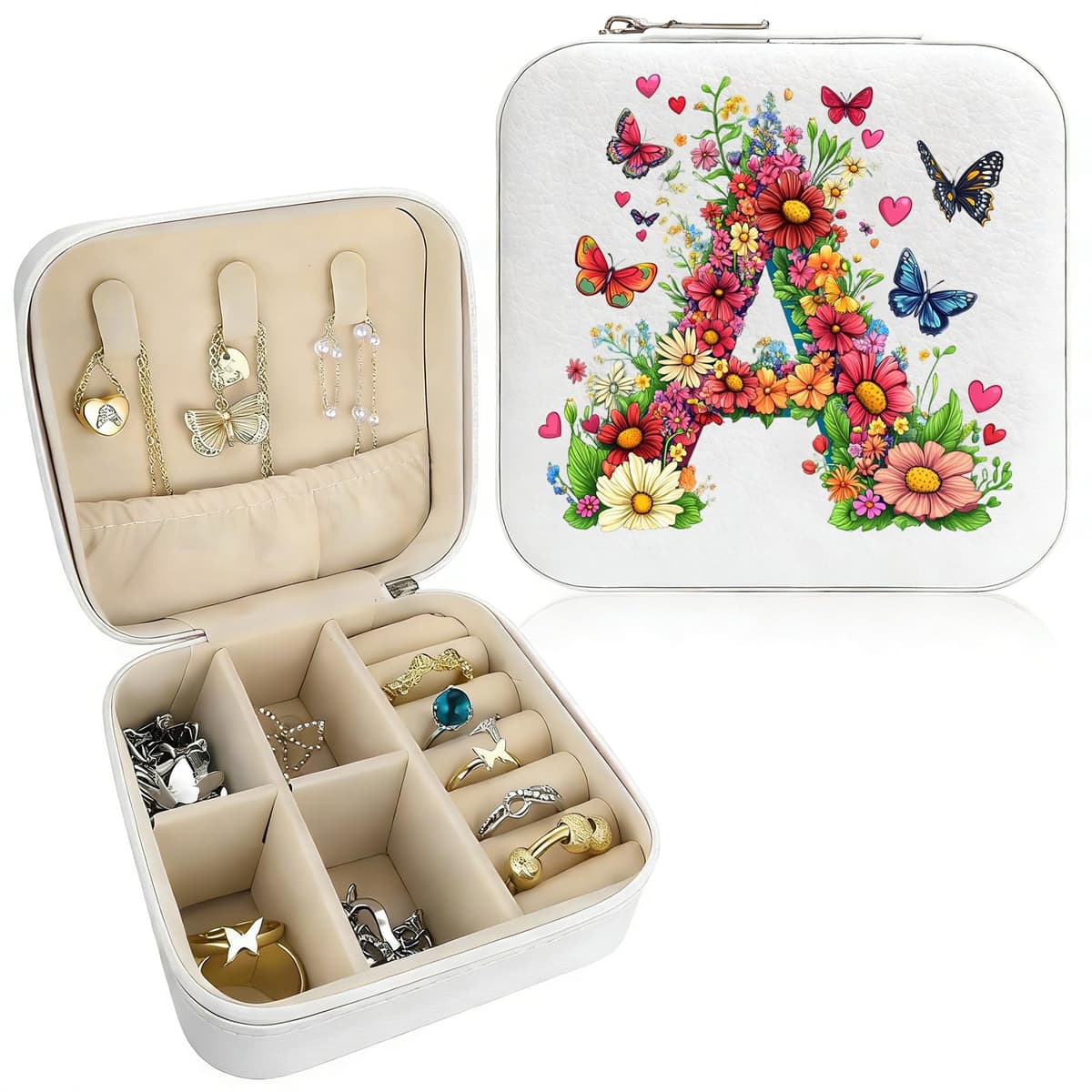 Joyero con monograma portátil, caja de joyería compacta blanca, estuche de viaje organizador de viaje, caja de almacenamiento para collares, aretes, anillos, pulseras (letra A)