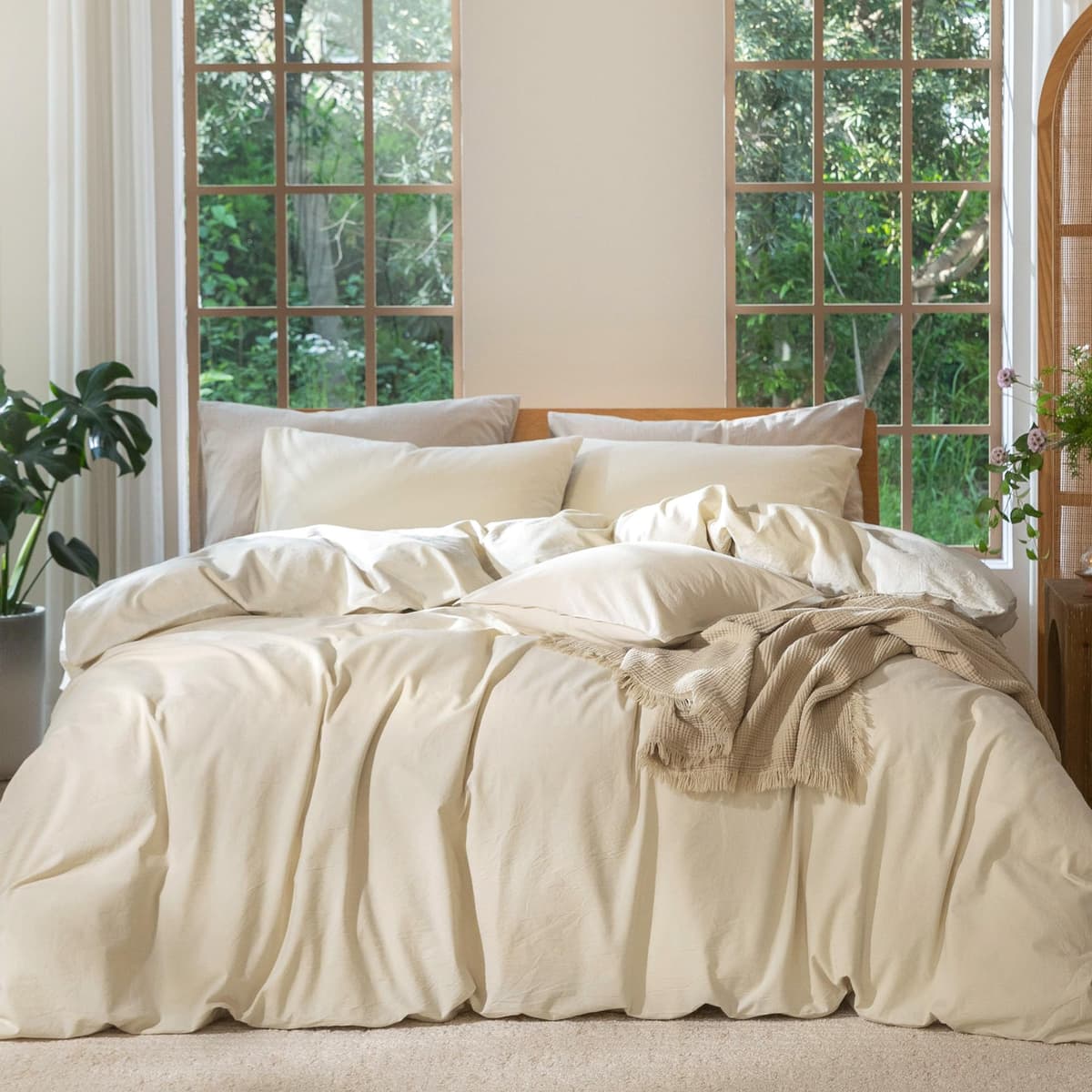 MooMee Bedding Duvet Cover Set 100% Washed Cotton Linen Like Textured Breathable Durable Soft Comfy (Tannish Linen Grey, King) — view 32