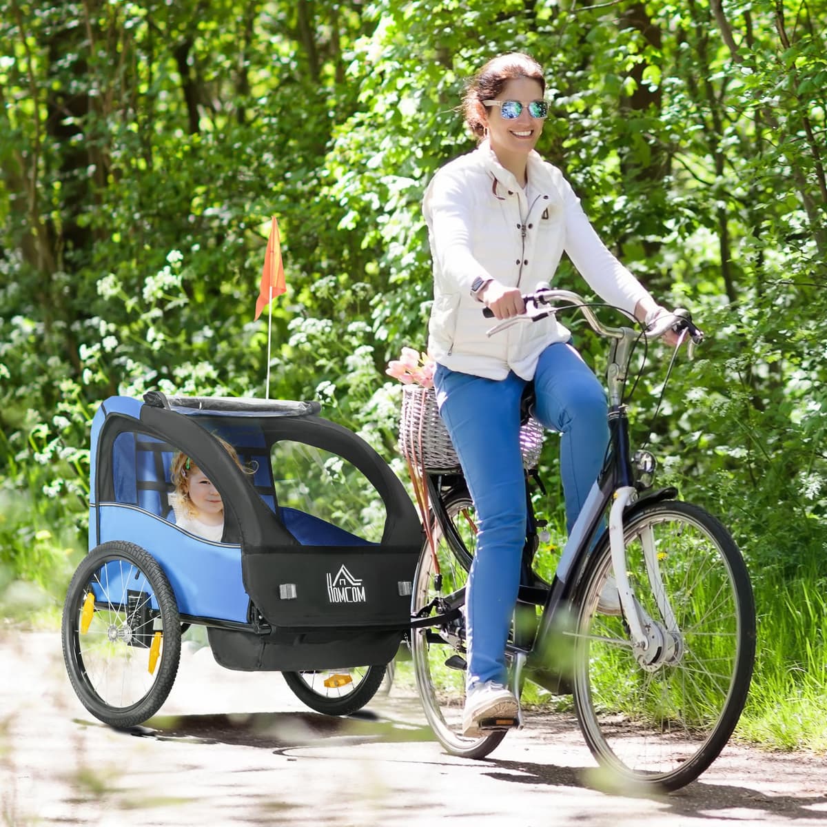 HOMCOM Remolque de Bicicleta para Niños +18 Meses Cochecito para Transporte de 2 Plazas con Cinturón de Seguridad Espacio de Almacenamiento y Sistema de Amortiguador 140x88x90 cm — view 2