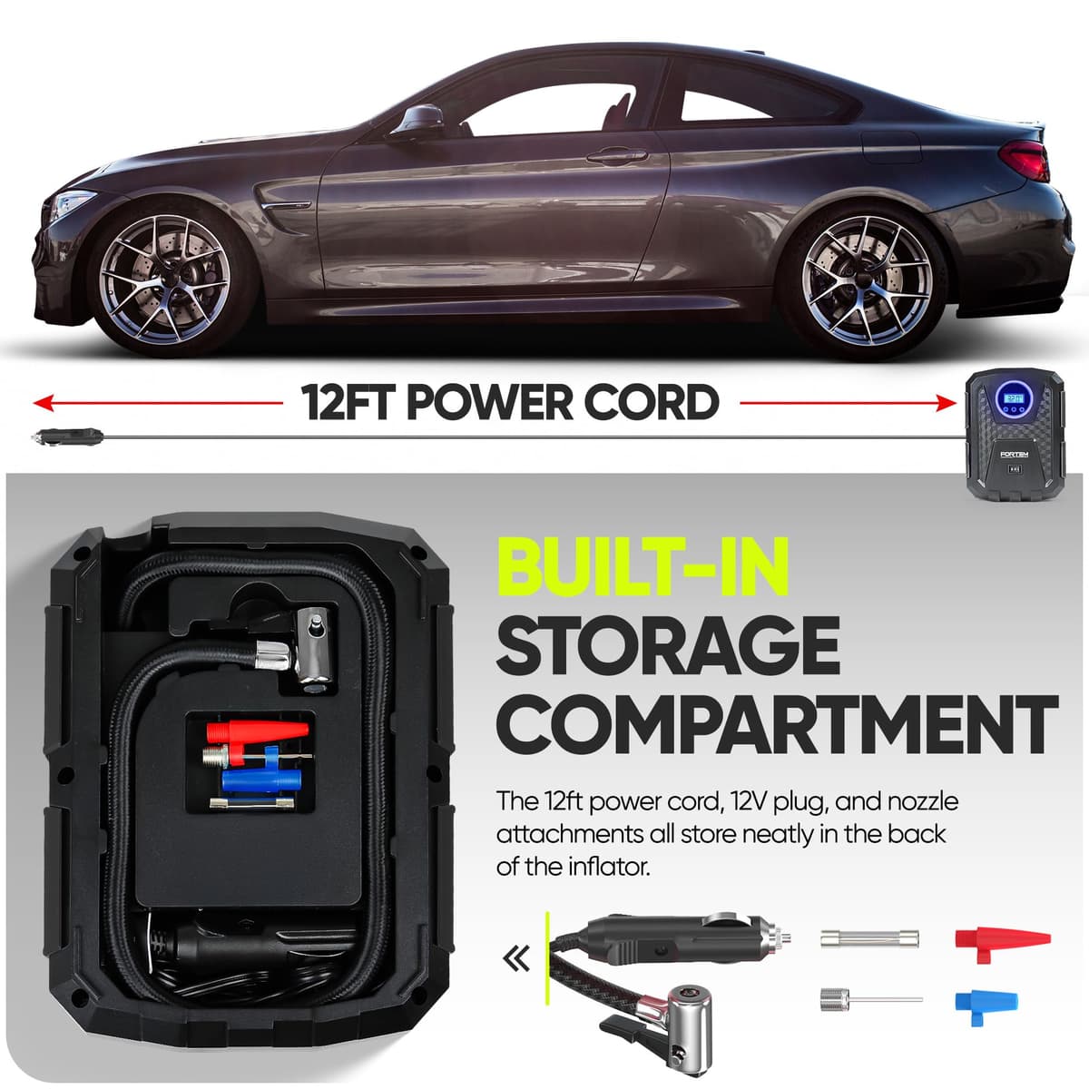 FORTEM Car Tyre Inflator 150 PSI, Air Compressor, Electric Air Pump for Car Tires, Digital Tire Pump w/Auto Pump/Shut Off, Carrying Case — view 3