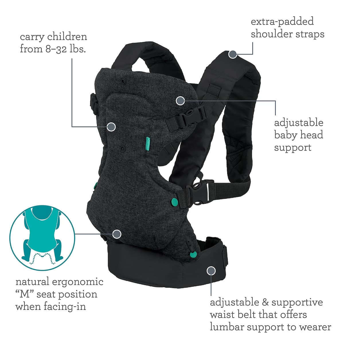 Infantino Flip Advanced 4-in-1 Baby Carrier - Ergonomic, Convertible, Face-in and Face-Out Front and Back Baby Carrier for Newborn to Toddler 3,6-14,5kg, Black — view 5