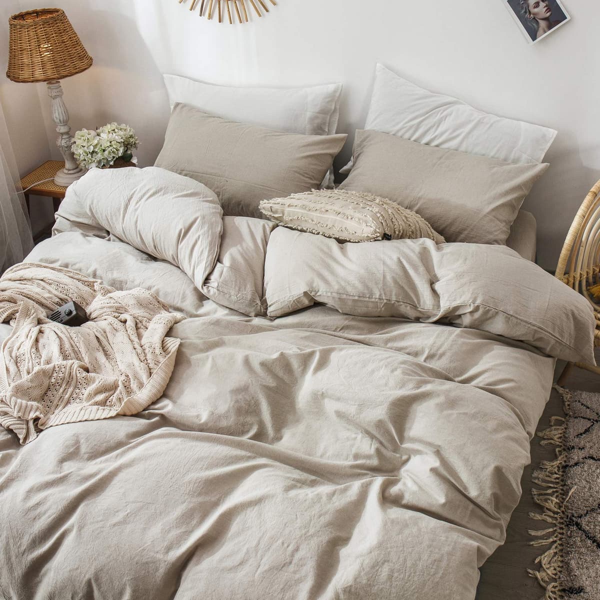 MooMee Bedding Duvet Cover Set 100% Washed Cotton Linen Like Textured Breathable Durable Soft Comfy (Tannish Linen Grey, King) — view 90