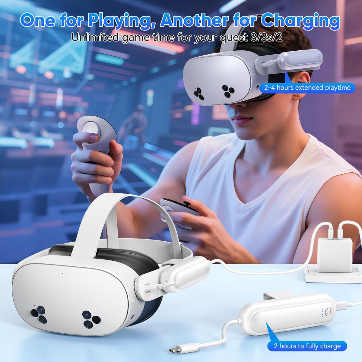[2 Pack] Battery Pack for Meta Quest 3S/3/2, 2*20000mWh 18W Fast Charging for Oculus Quest 3S/3 Accessories, Extended VR Headset, Lightweight and Portable Charger for Extra 2-4H — view 3