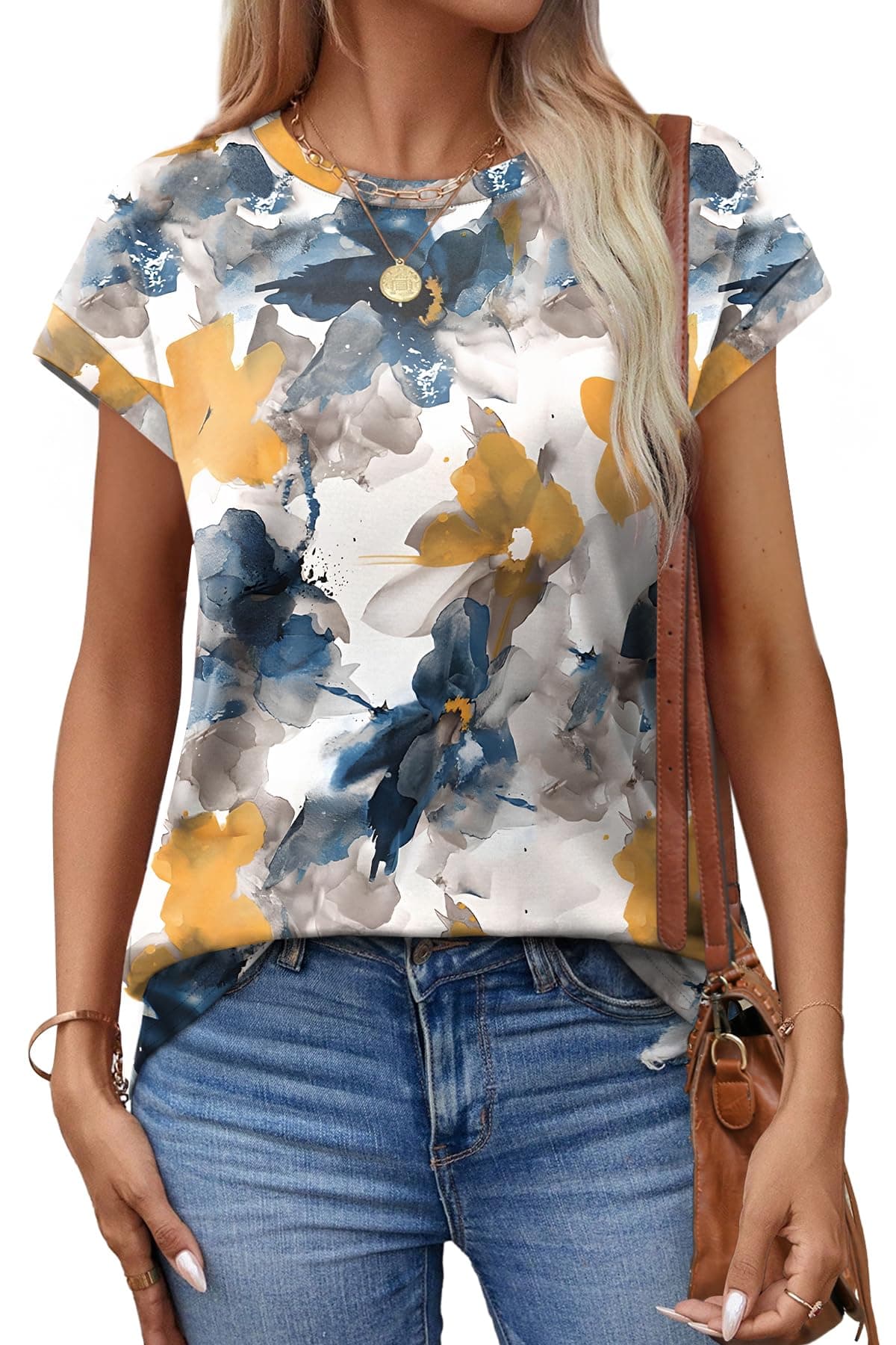 Aokosor Womens Summer Tops Floral Printed Short Capsleeve Shirts Crew Neck Cute Fashion Dressy Tunic Blouses for UK — view 2