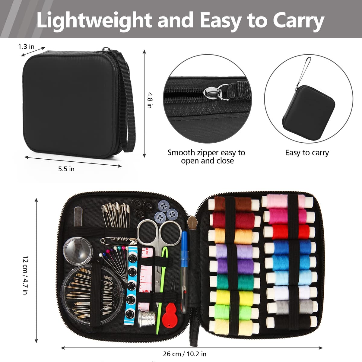AUERVO Sewing Kit, Mini Sewing Kits 87PCS Thread and Needles Set for Adults, DIY,Home, Travel & Emergency with Compact Small Black Zipper Case — view 3