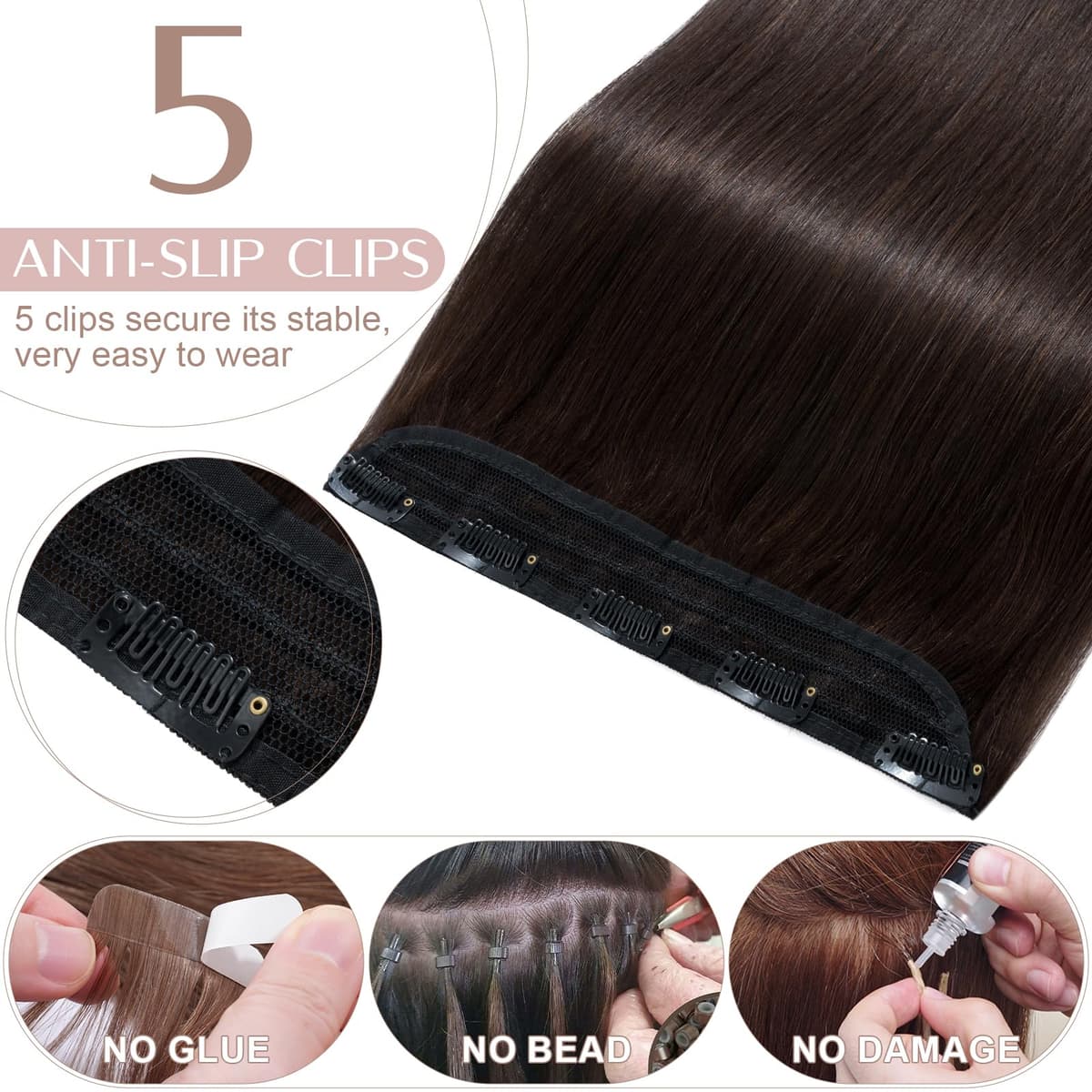 12 inch Clip in Hair Extension Human Hair One Piece 100% Real Remy [#2 Dark Brown] 3/4 Full Head Straight Hair Pieces for Women Invisible Short (40g) — view 3