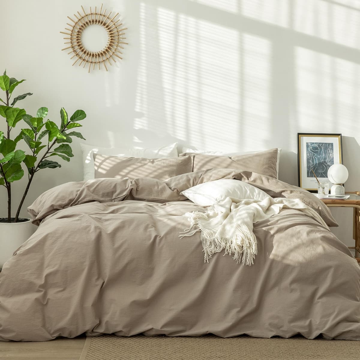 MooMee Bedding Duvet Cover Set 100% Washed Cotton Linen Like Textured Breathable Durable Soft Comfy (Tannish Linen Grey, King) — view 58