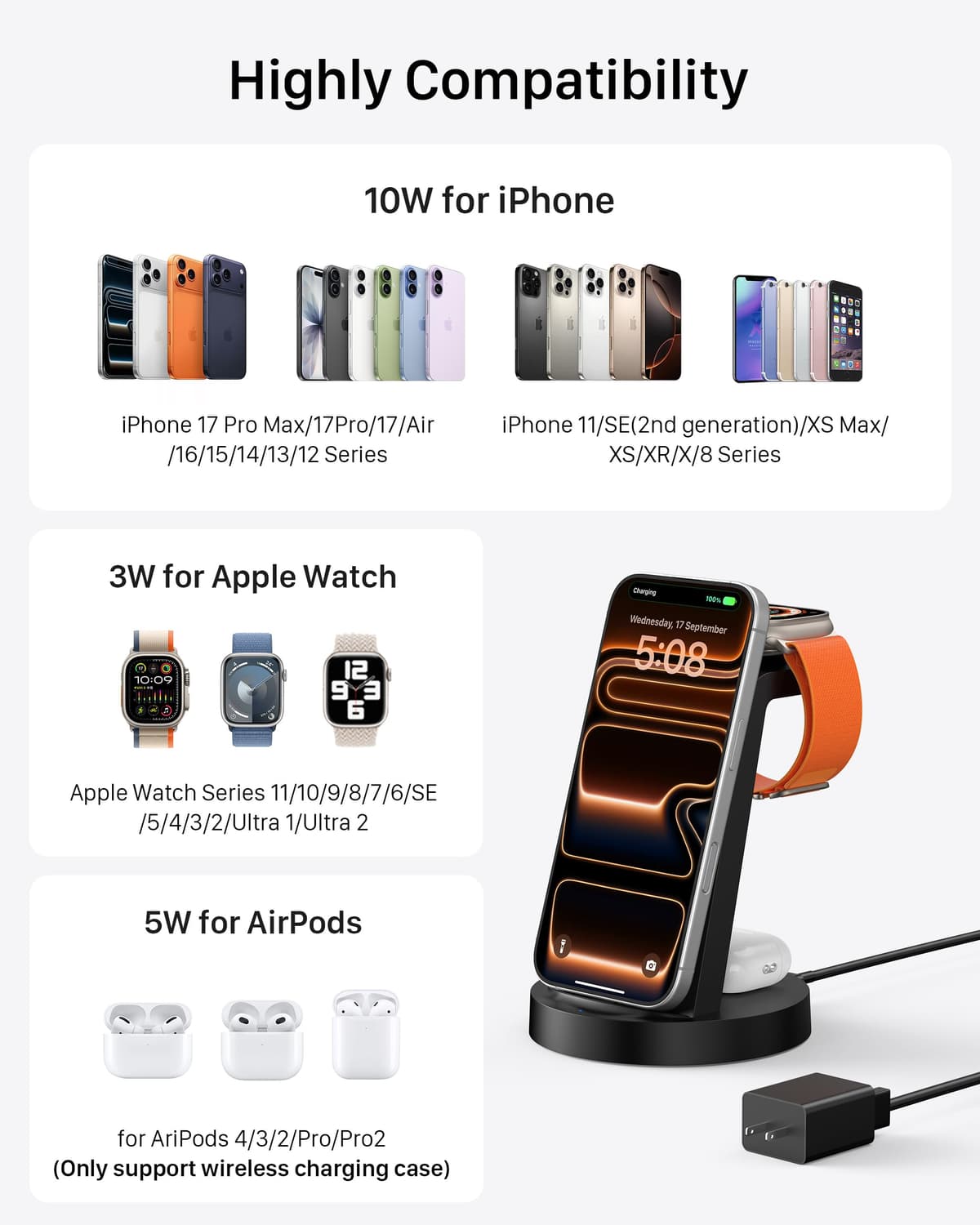Anlmz 3 in 1 Charging Station for iPhone, Wireless Charger for iPhone 17 16e 16 15 14 13 12 11 X Pro Max & Apple Watch - Wireless Charging Station for AirPods 4 3 Pro — view 4
