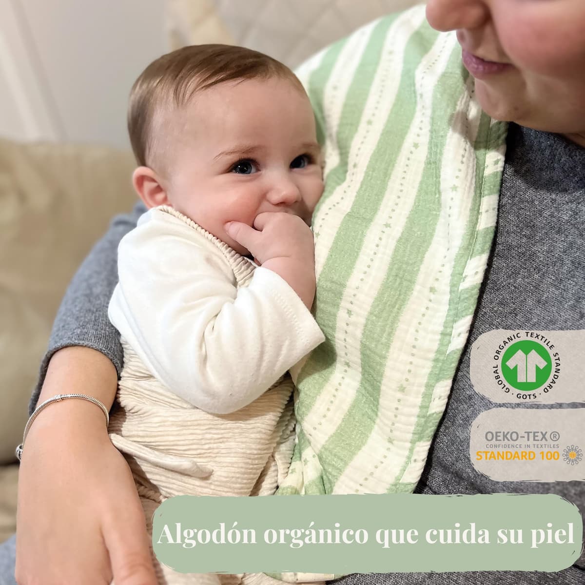 Pack de 3 Muselinas bebé algodón 100% orgánico Gots 60x30cm- Gasas de Muselina Suaves y Rizo Absorbente- Salvababas bebés Multiusos- Regalos para recién Nacidos niño y niña (Verde Salvia) — view 2