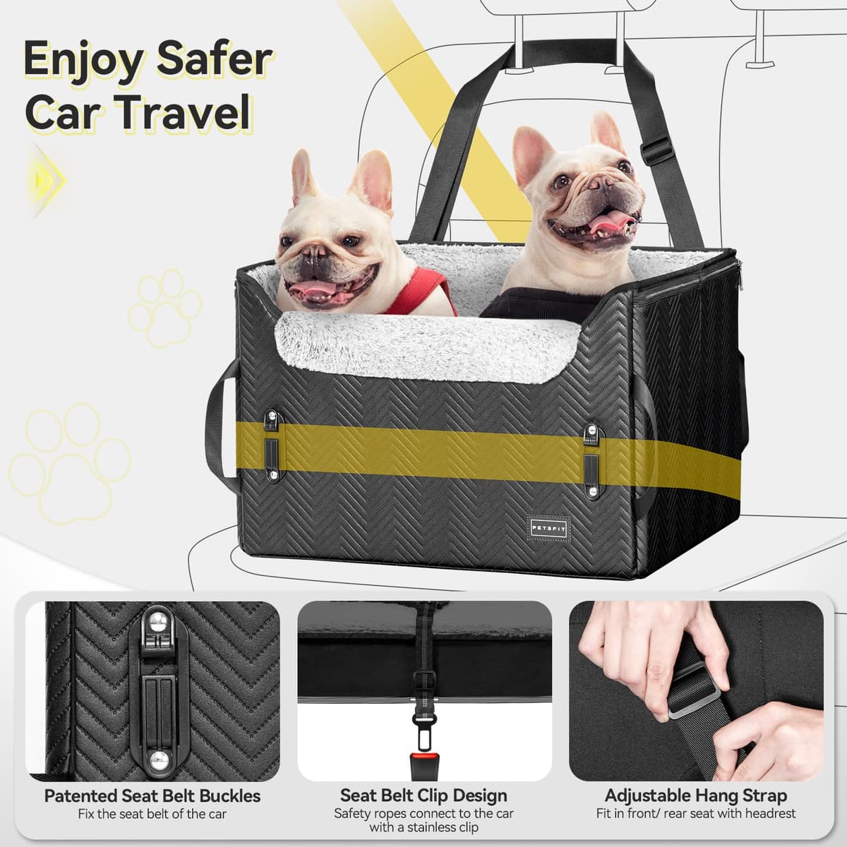 PETSFIT Dog Car Booster Seat Medium Dog Car Seat with 2 Clip-On Safety Leashes, Patented Buckles, Dog Booster Seat for Pets (Black Leather, M) — view 4