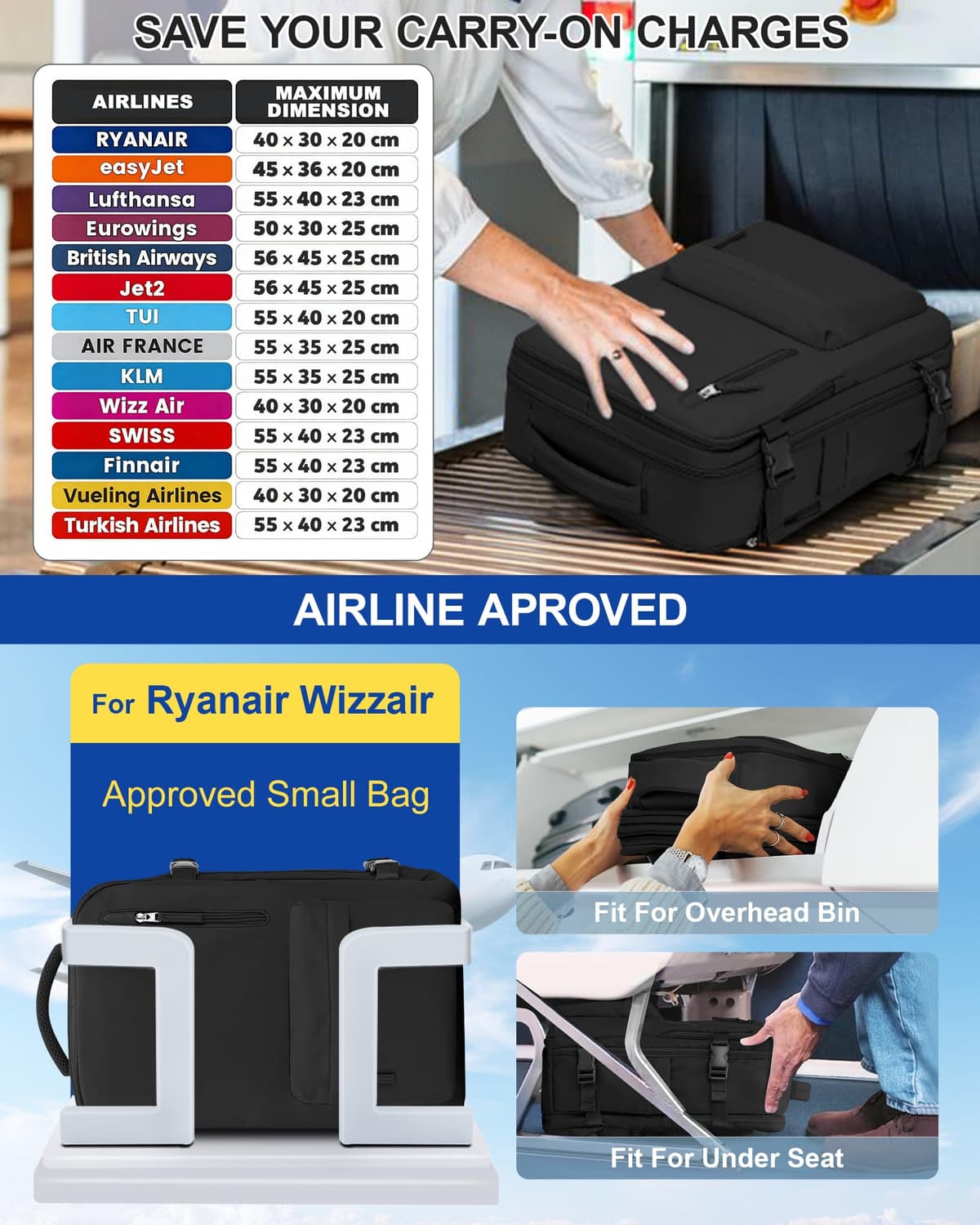 SZLX Vacuum Backpack Travel Bag with Pump, Ryanair Cabin Bags 40x30x20 Underseat Travel Backpack Cabin Size Wizz air, Ryanair Cabin Bags 40x20x25 Carry-ons Easyjet 45x36x20 Laptop Rucksack Women Mens — view 3