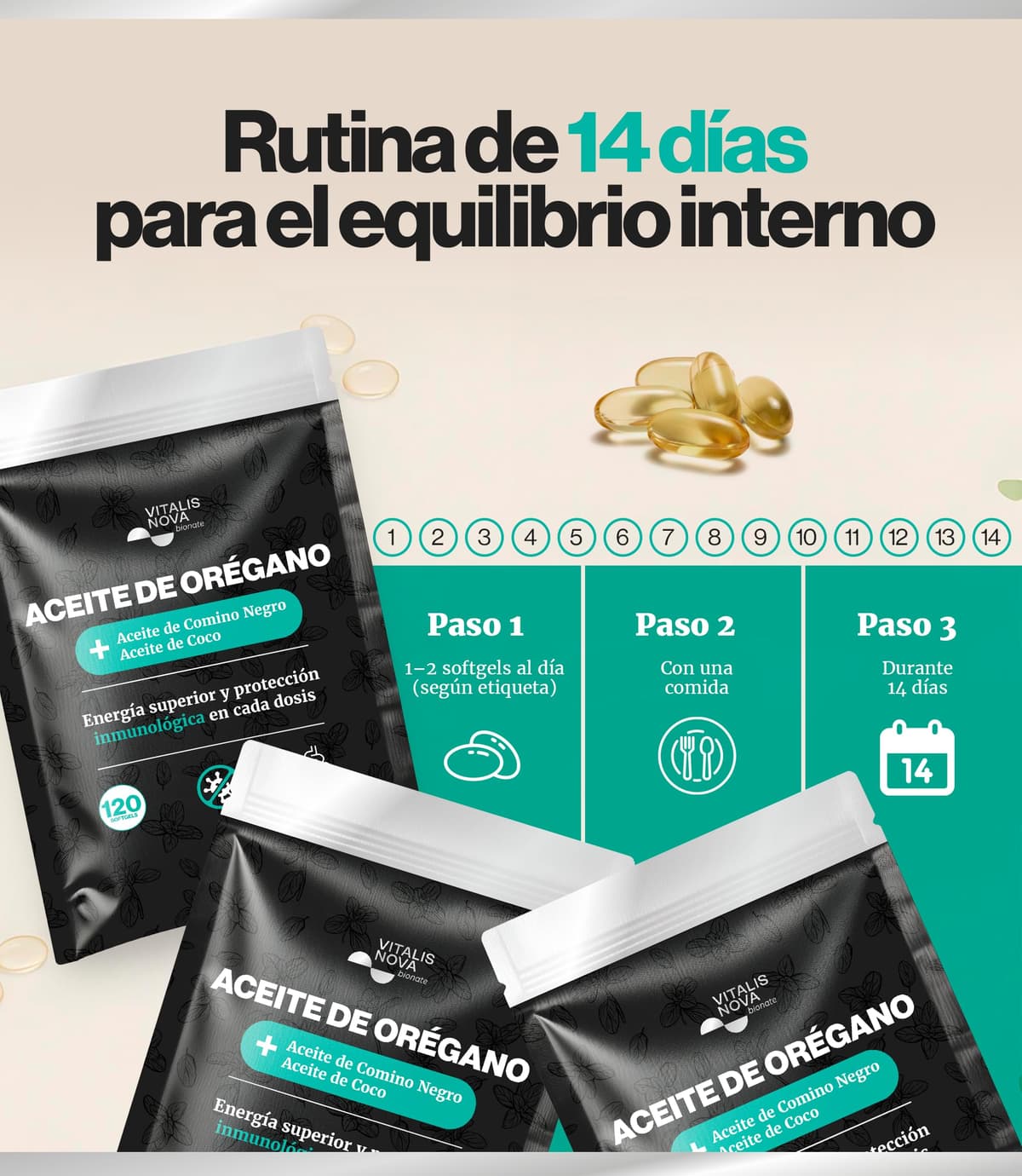 VITALIS NOVA Aceite de Oregano 120 Capsulas Blandas 150mg Activo Principal 100mg Semilla Negra 250mg Coco Formula 3en1 Carvacrol Potente Digestivo Defensas Naturales Facil de Tragar Uso Contra Candida — view 6