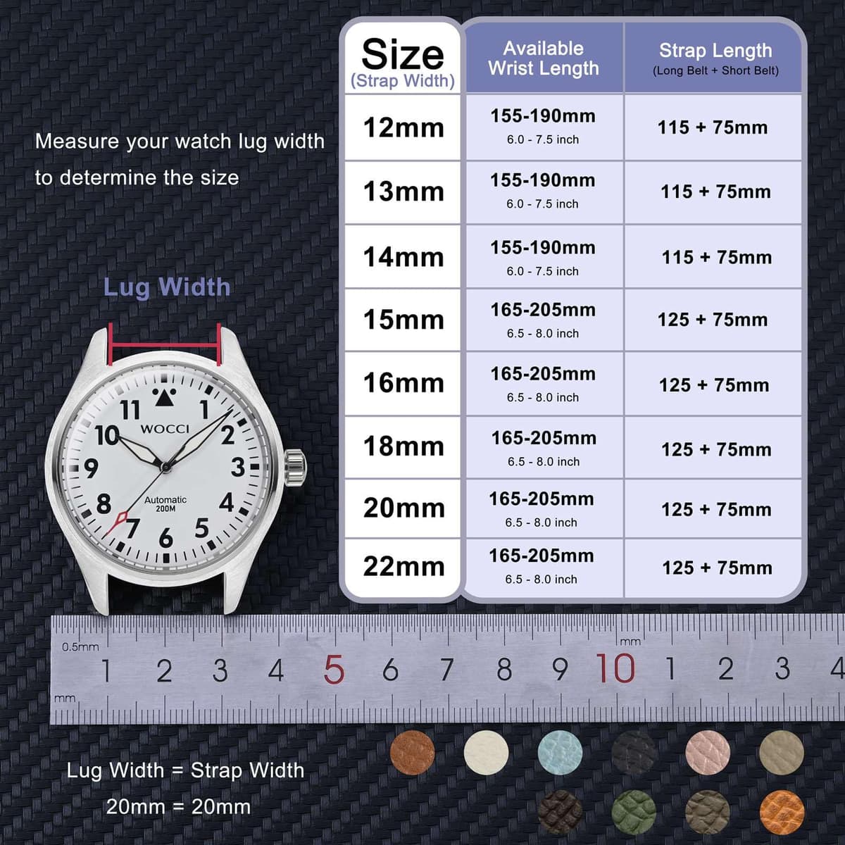 WOCCI Grace Watch Strap, Top Grain Leather, Quick Release Replacement Bands, Stainless Steel Buckle, Band Width 12mm 14mm 16mm 18mm 20mm — view 5