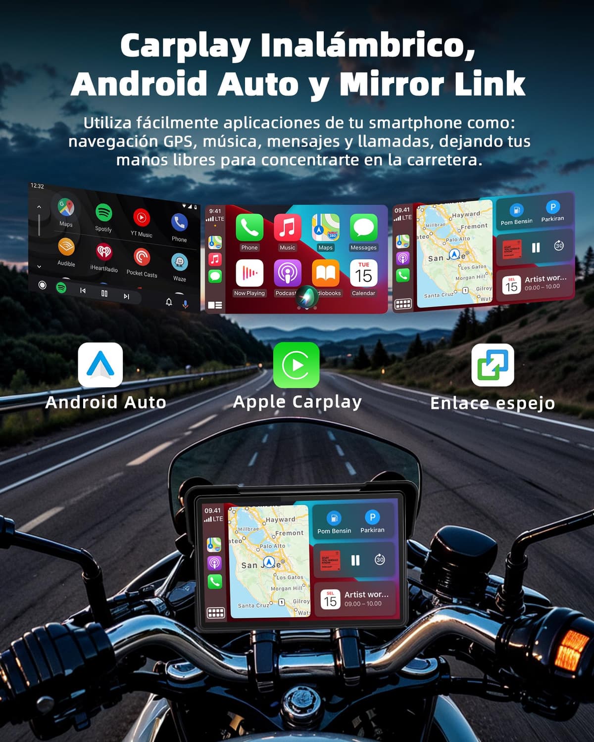 Jansite 7 Pulgadas Carplay Moto Android Auto GPS Moto Navegador con Doble Bluetooth Impermeable IP67 Tarjeta Carplay para Moto Siri/Google/Navi — view 2