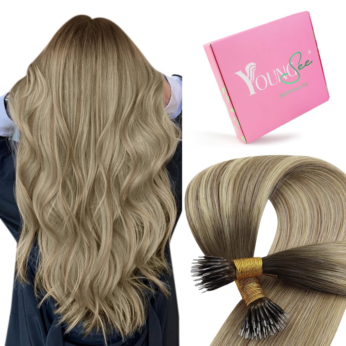 YoungSee Nano Hair Extensions Blonde 16inch Nano Beads Hair Extensions Warm Ash Blonde Highlight Bleach Blonde Nano Ring Hair Extension Highlight for School Soft Cold Fusion 50s 50g — view 47