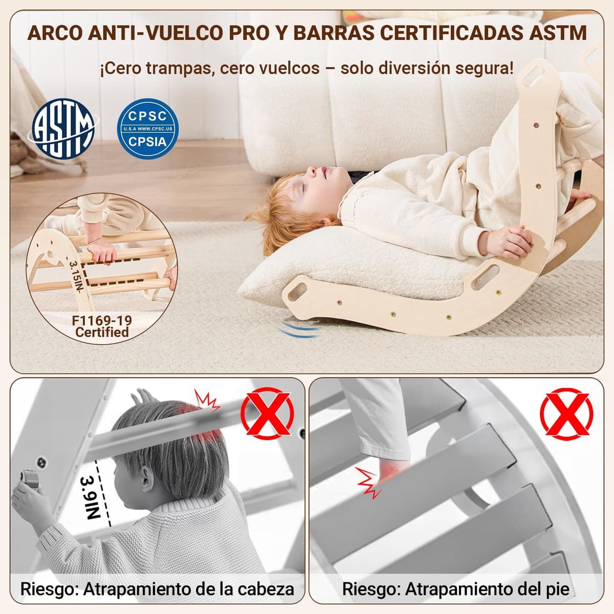 COSYLAND 8 en 1 Triángulo de Escalada Montessori con Arco y Rampa, Set Plegable Infantil, Juguete de Madera Resistente para Interior, Niños 18 Meses-6 años, Natural/Madera Clara, Mediano — view 3