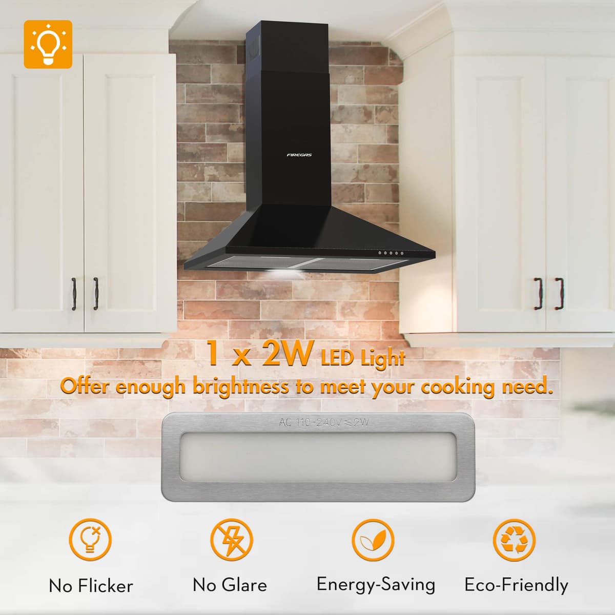 FIREGAS Black Chimney Cooker Hood 60cm with Carbon Filters Stainless Steel Wall Mounted Extractor Hood Recirculating & Ducting Extractor Fan Black Cooker Hood — view 4