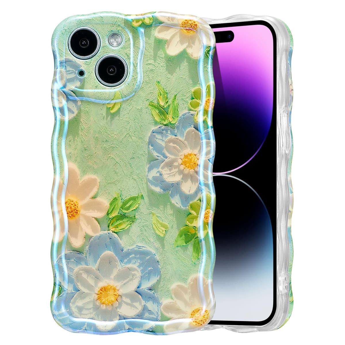 EYZUTAK Case for iPhone 16, Colorful Retro Oil Painting Printed Flower Laser Glossy Pattern Cute Curly Wave Edge Exquisite Phone Cover Stylish Durable TPU Protective Case for Girl Women-Green — view 82