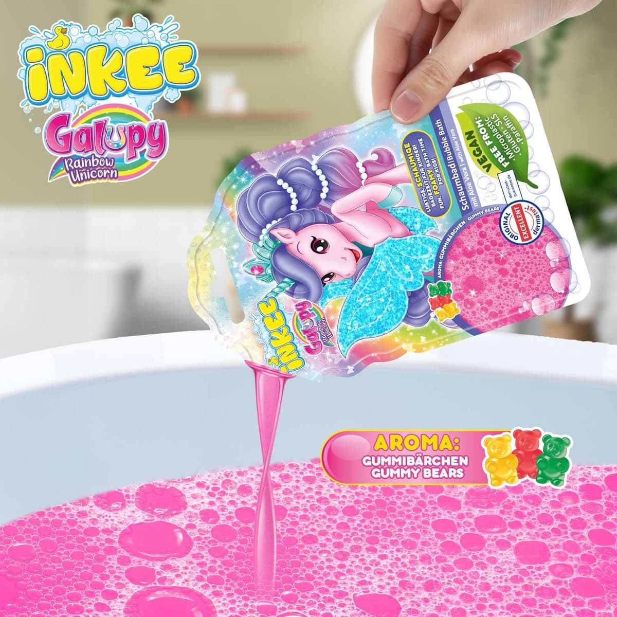 INKEE Kids Colour Changing Bubble Bath – Galupy Unicorn Liquid Gel, Sensitive Skin, Aloe Vera, Gummy Bears Scent, Pink, 40g Sachet - Gift for Kids 3+ — view 2