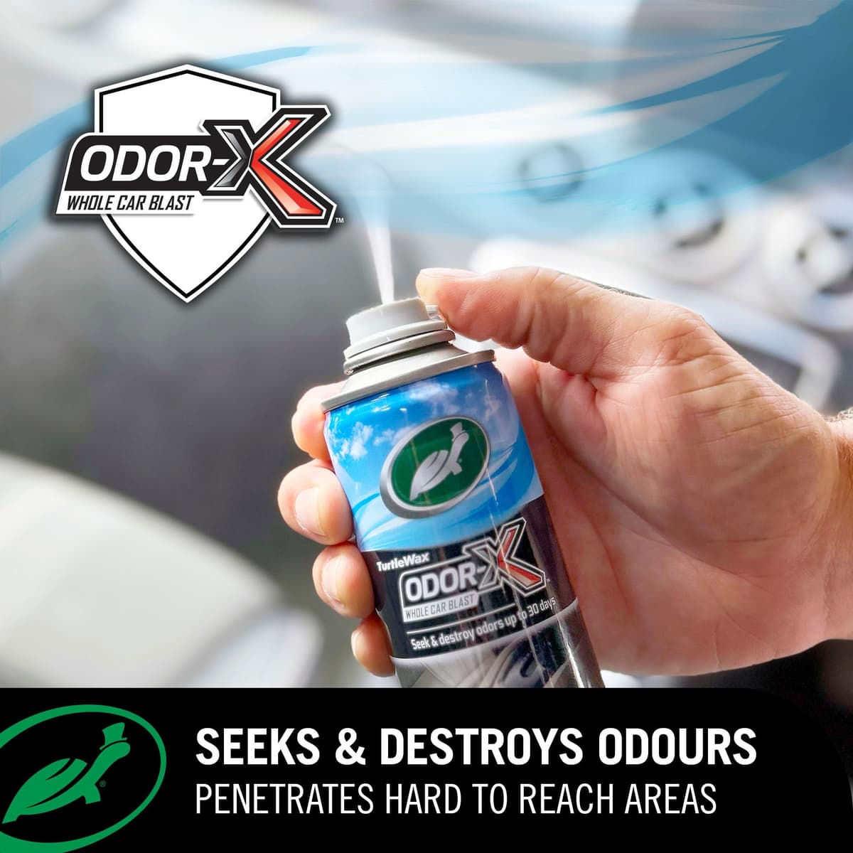 Turtle Wax Odor-X Whole Car Blast Car Air Freshener, New Car Scent, One-time Use Odour Eliminator, Removes Unwanted Smells Permanently, Car Fragrance Lasts up to 30 Days, 50ml, Pack of 2 — view 4