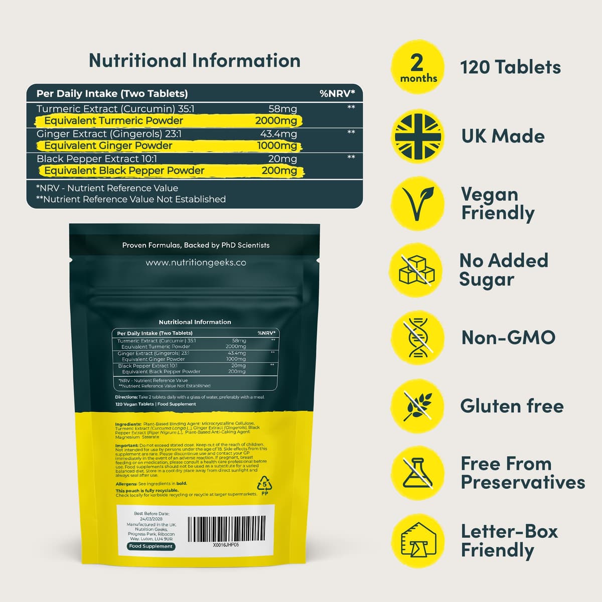 Turmeric Tablets 2000mg with Black Pepper & Ginger - 120 High Strength Curcumin Supplements - Easy Swallow Tablets (Not Turmeric Capsules or Powder) - Vegan - UK Made — view 3