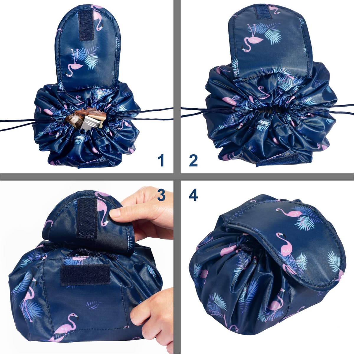 Lazy Drawstring Makeup Bags, Large Capacity Waterproof Travel Portable Cosmetic Bag Pouch Makeup Pouch Storage Organiser for Women Girl (Dark Blue Flamingo) — view 3