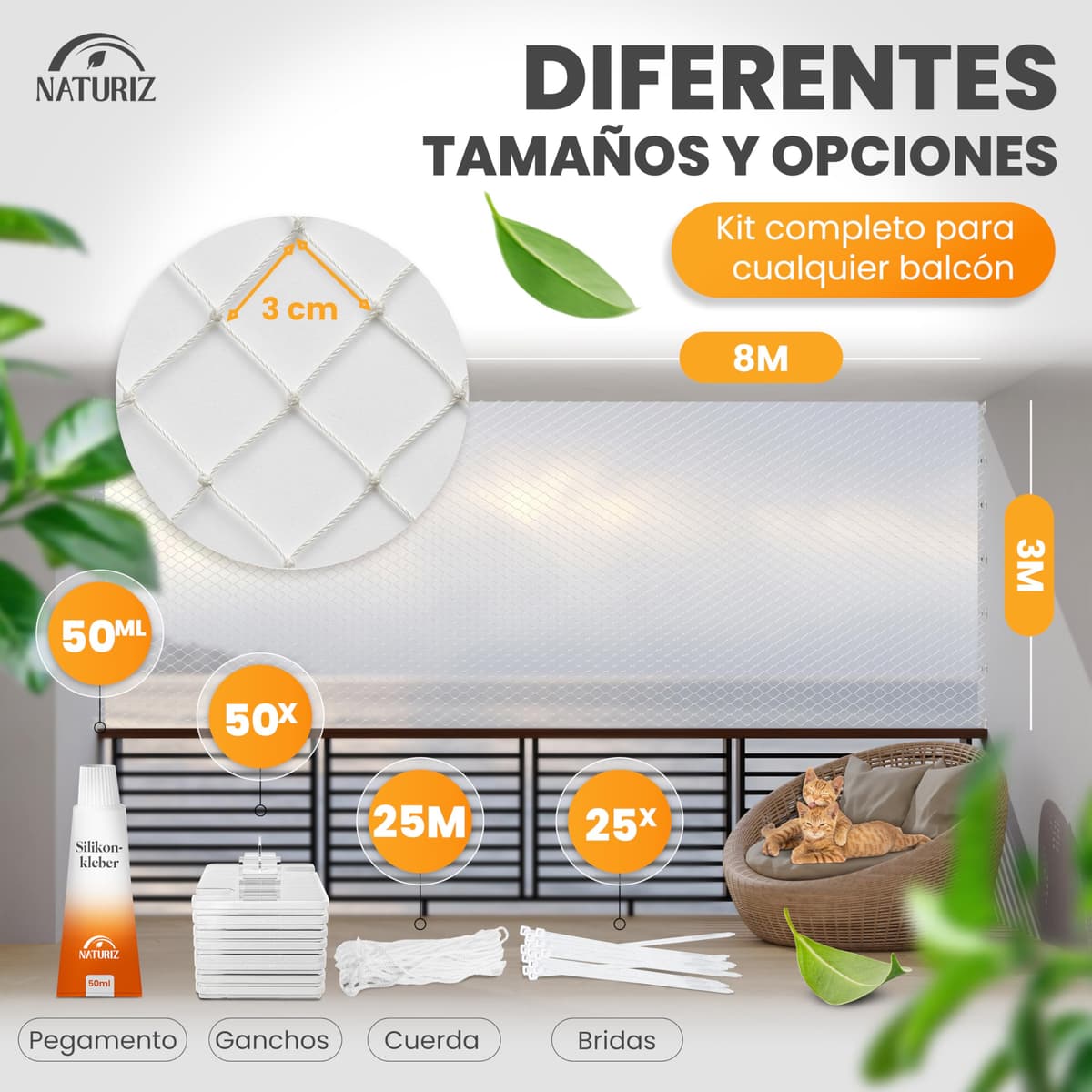Naturiz Red para gatos para balcón sin agujeros, 3 x 8 m, red para gatos reforzada con alambre transparente/blanco, incluye ganchos adhesivos, red de protección para gatos para balcón y ventana, red — view 5
