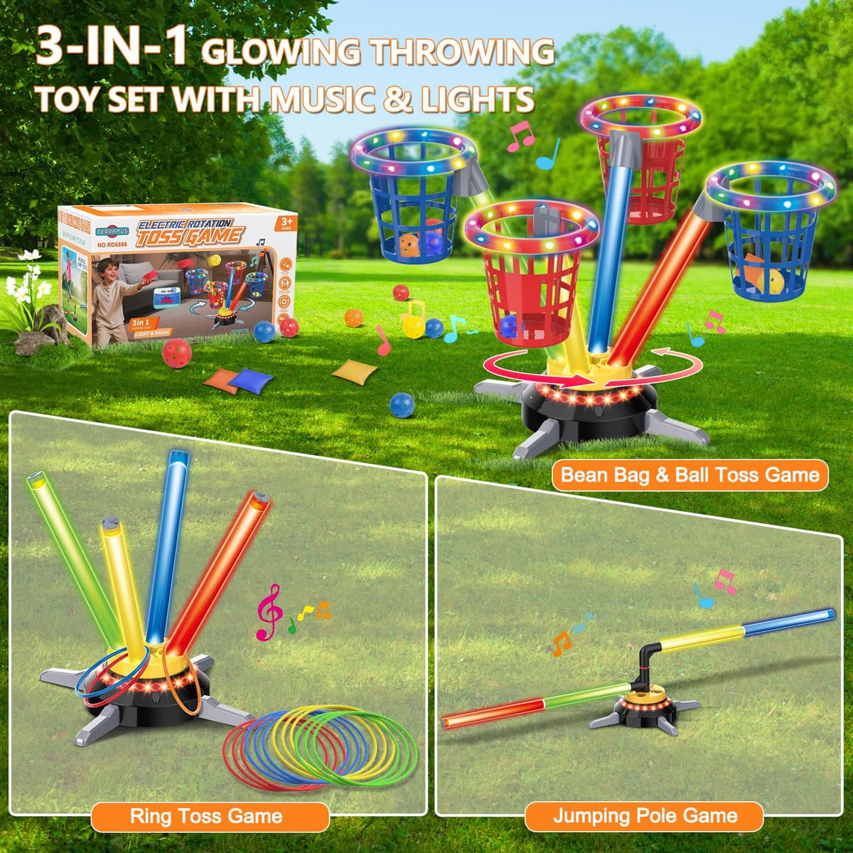 TERRAMUS 3 in 1 Bean Bag Ring Toss Game for Kids, Rechargeable Musical Jumping Games w/LED Light & Remote, Electric Spinning Base, Sandbags, Rings, Carnival Indoor Outdoor Sport Toy for 3+ Boys Girls — view 3